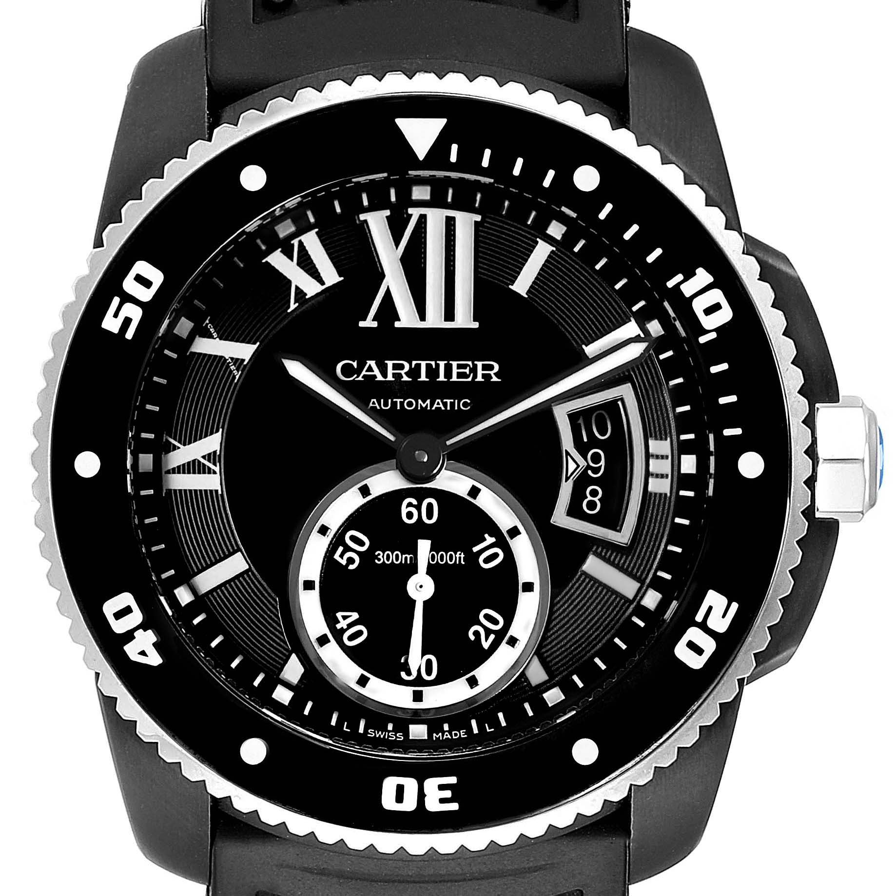 The image shows a front view of a Calibre de Cartier watch by Cartier, highlighting the dial, bezel, and crown.