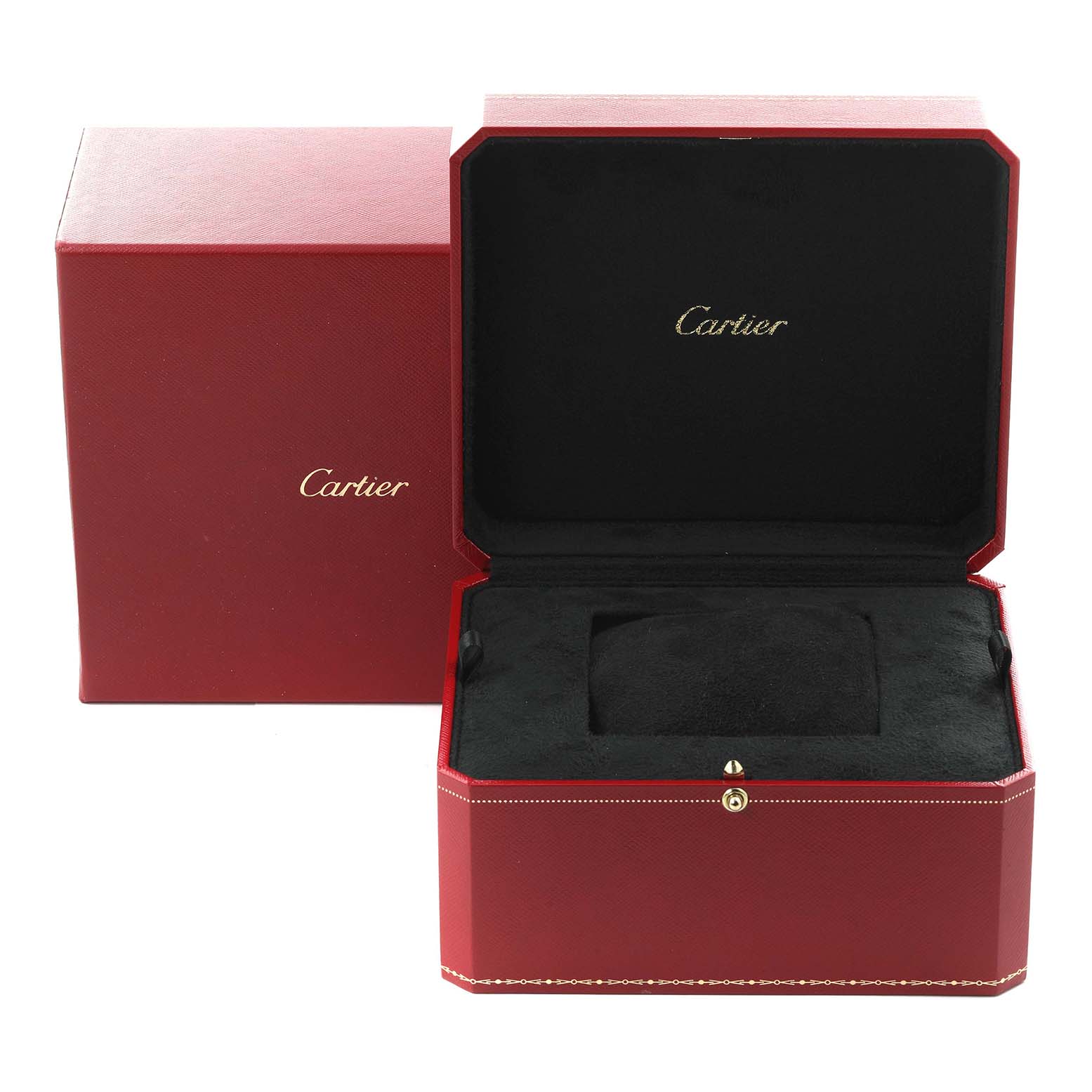 The image shows a Cartier Panthère watch box from the front, featuring the brand's name inside and on the lid.