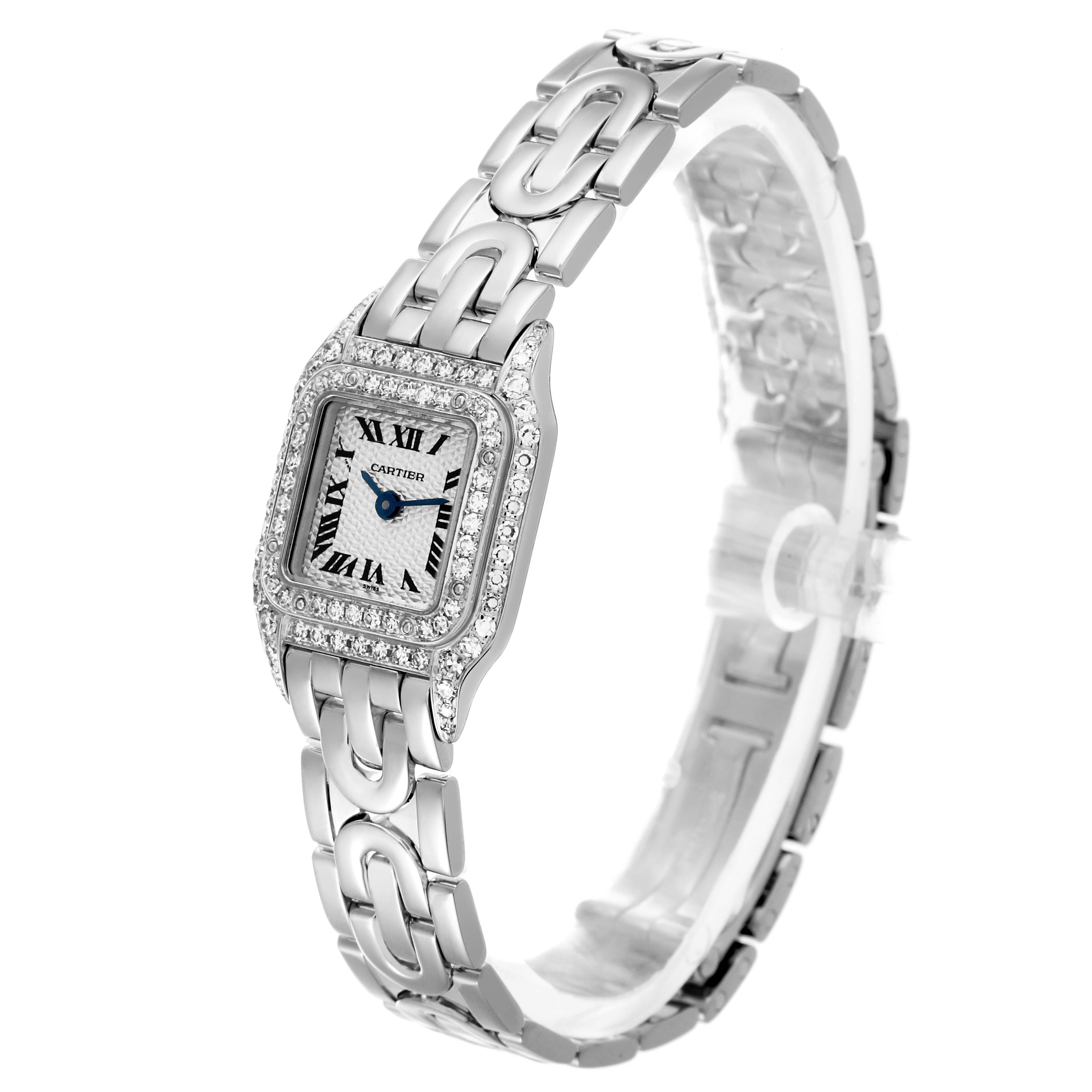 The Cartier Panthere WF3210F3 Women's White Gold Silver Dial WF3210F3 Women's White Gold Silver Dial watch is shown from a tilted side angle, highlighting the face, bracelet, and diamond bezel.