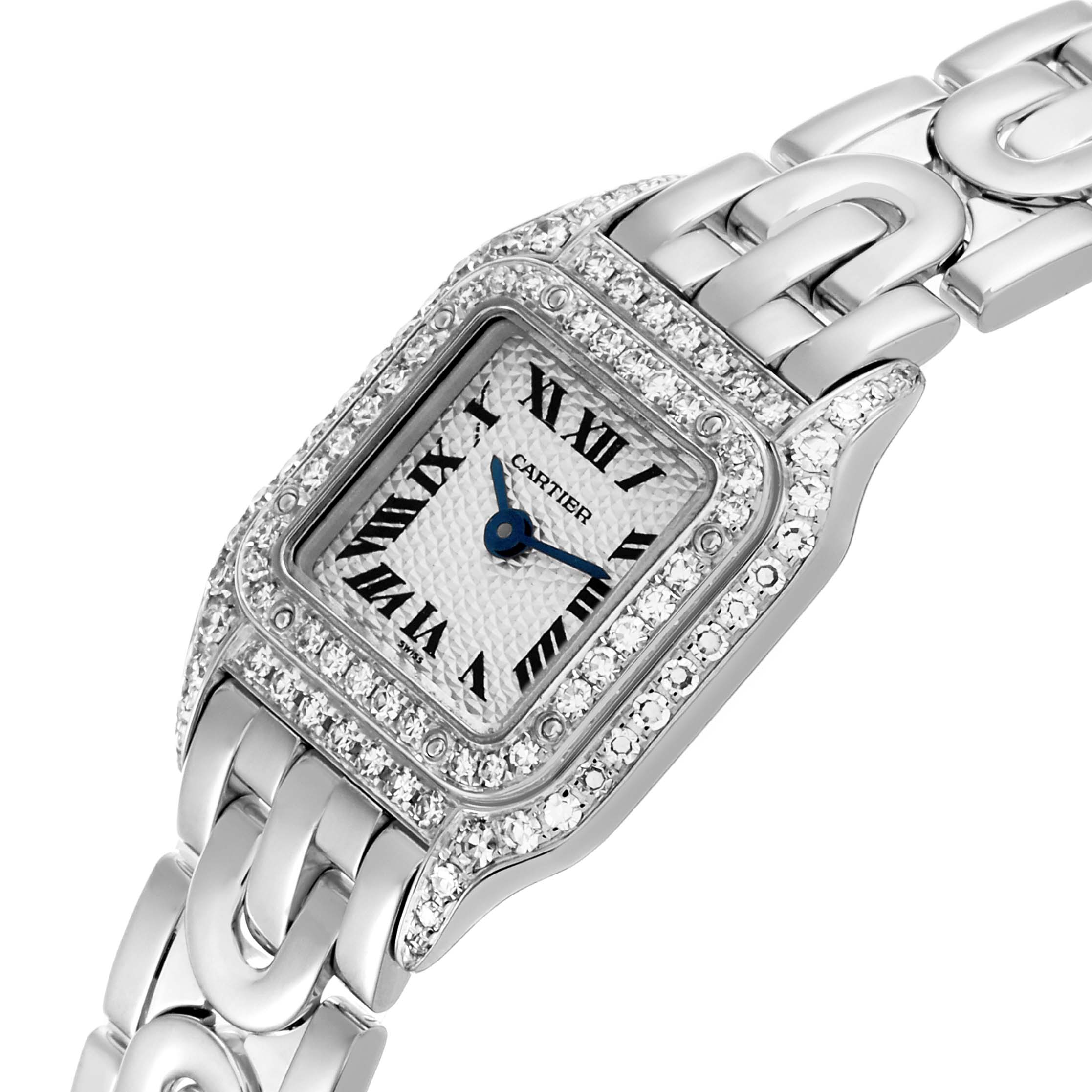The Cartier Panthère watch is shown at an angle, highlighting its diamond-set bezel and linked bracelet.