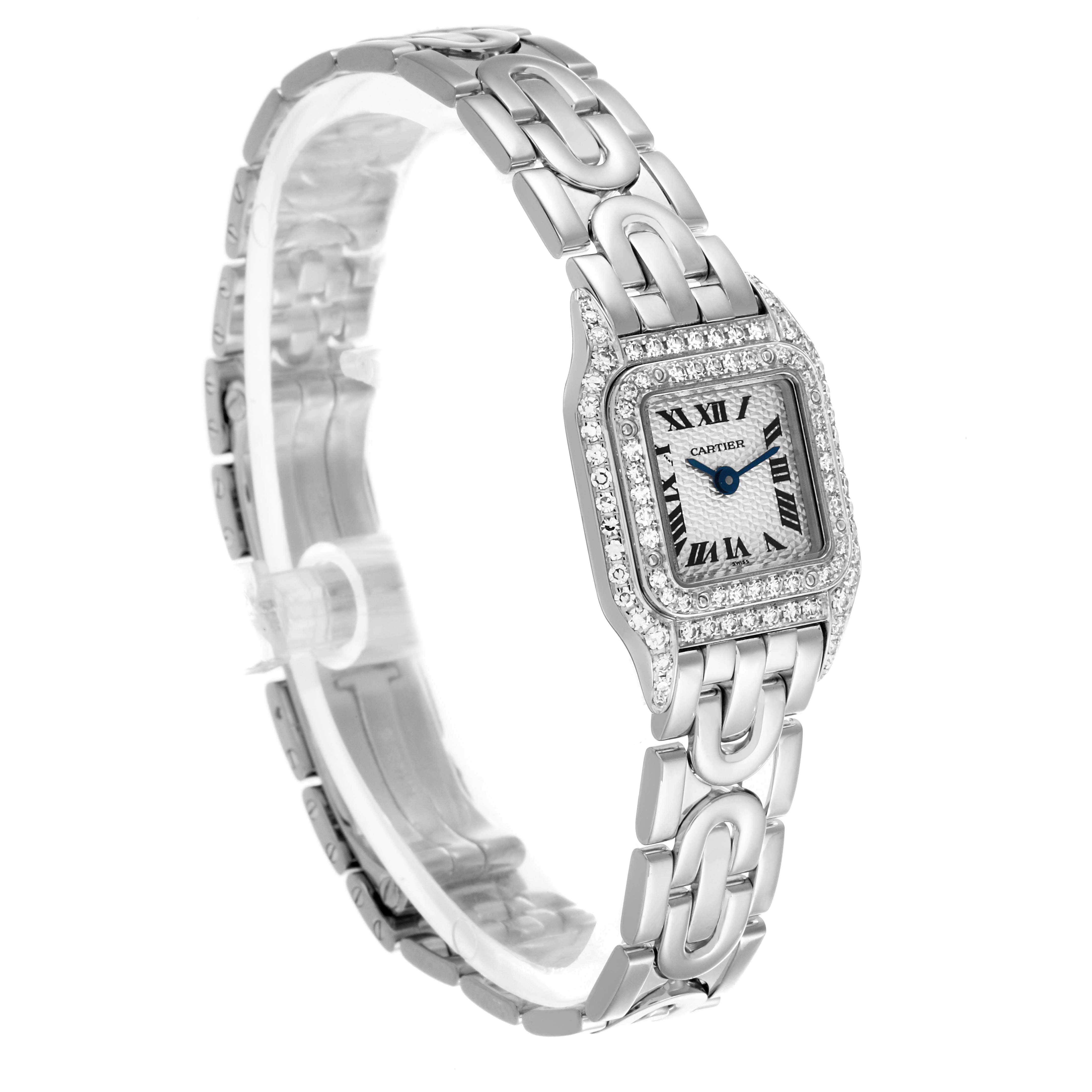 The Cartier Panthère watch is shown from a side angle, highlighting its bracelet and diamond-accented bezel.
