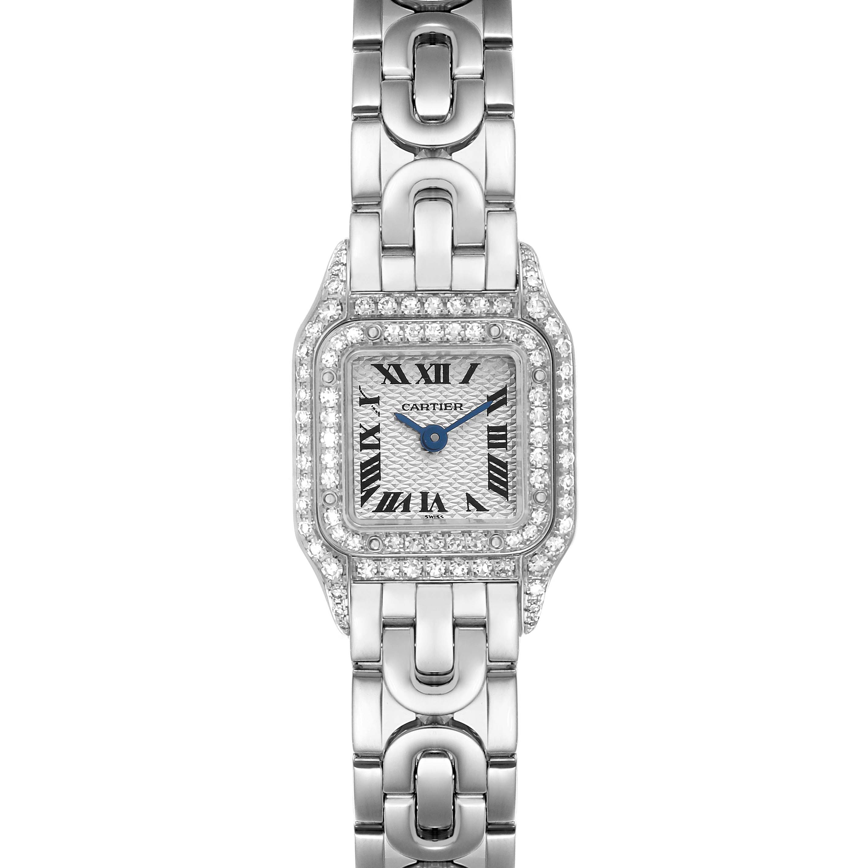 The Cartier Panthere WF3210F3 Women's White Gold Silver Dial WF3210F3 Women's White Gold Silver Dial watch is shown from the front, displaying its face, diamond bezel, and linked bracelet.
