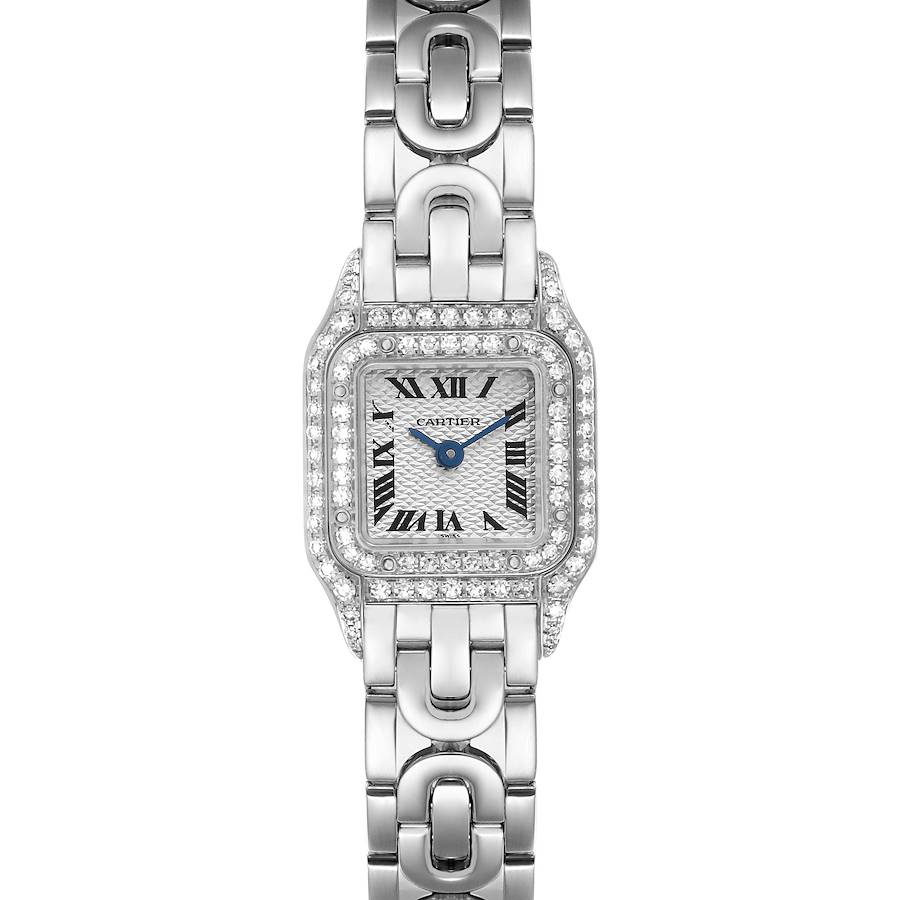 The Cartier Panthere watch is shown from the front, displaying its face, diamond bezel, and linked bracelet.