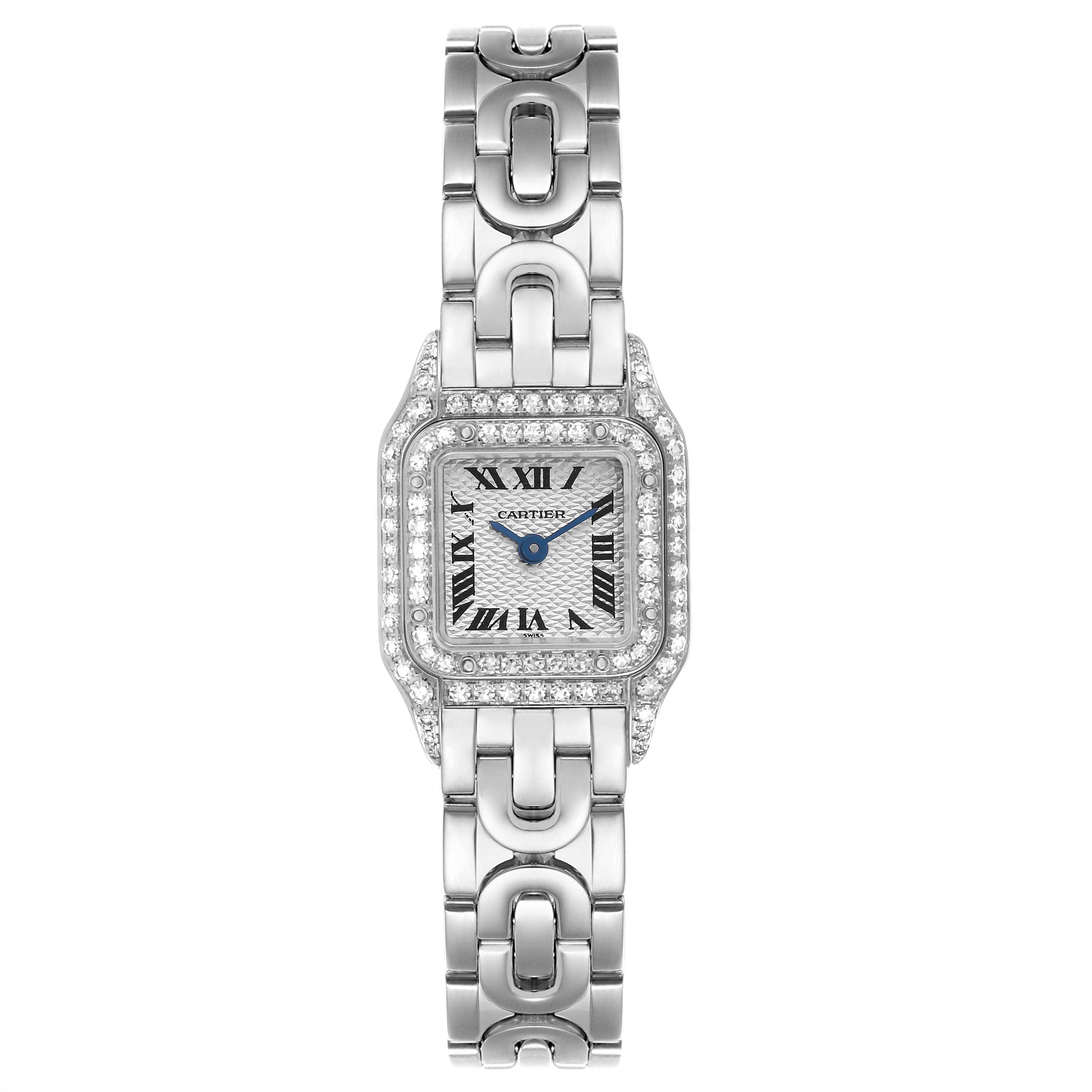The Cartier Panthère watch is shown from above, displaying its face, bezel, and bracelet with a diamond-set bezel and Roman numerals.