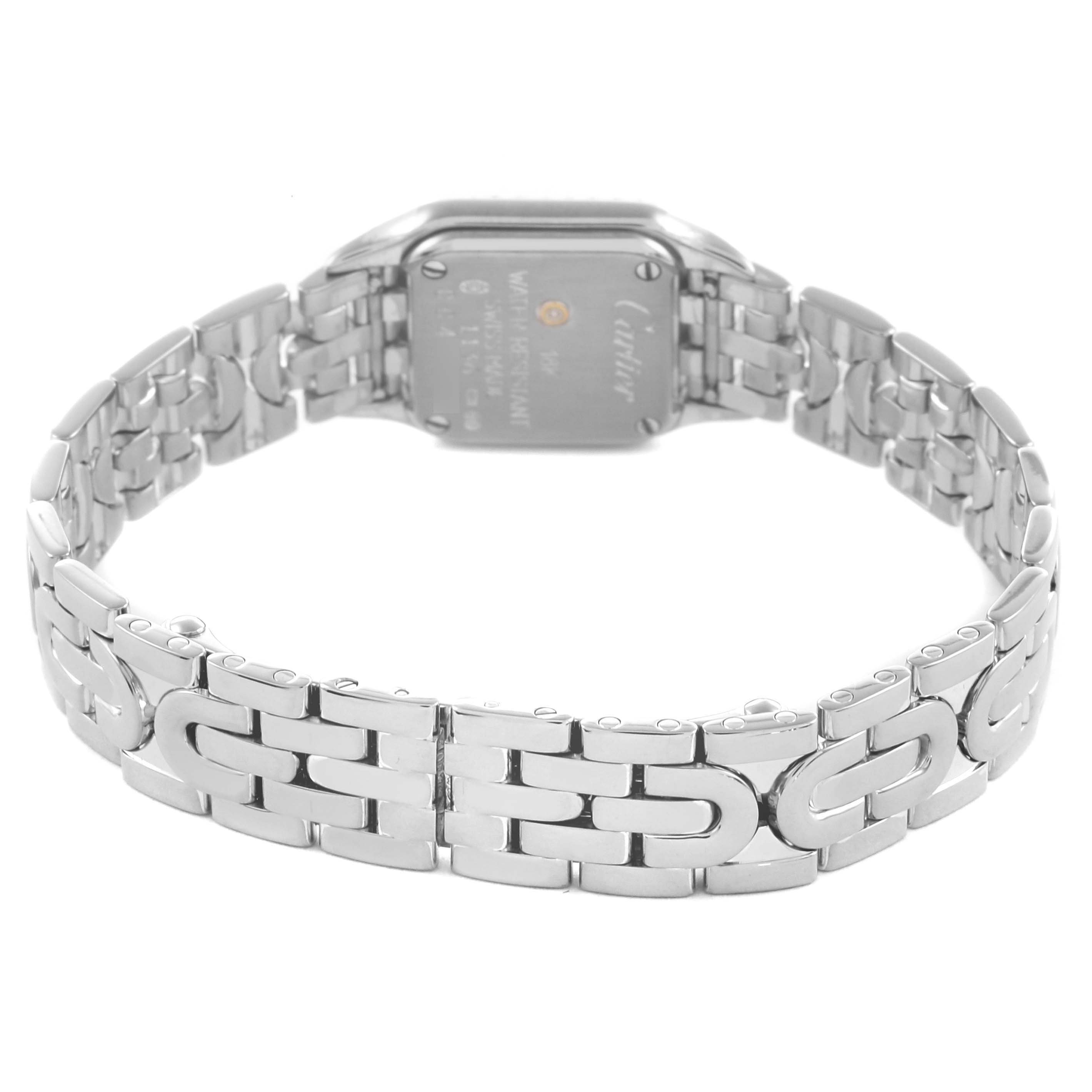 The image shows the back of a Cartier Panthere WF3210F3 Women's White Gold Silver Dial WF3210F3 Women's White Gold Silver Dial watch, highlighting its bracelet and case back.