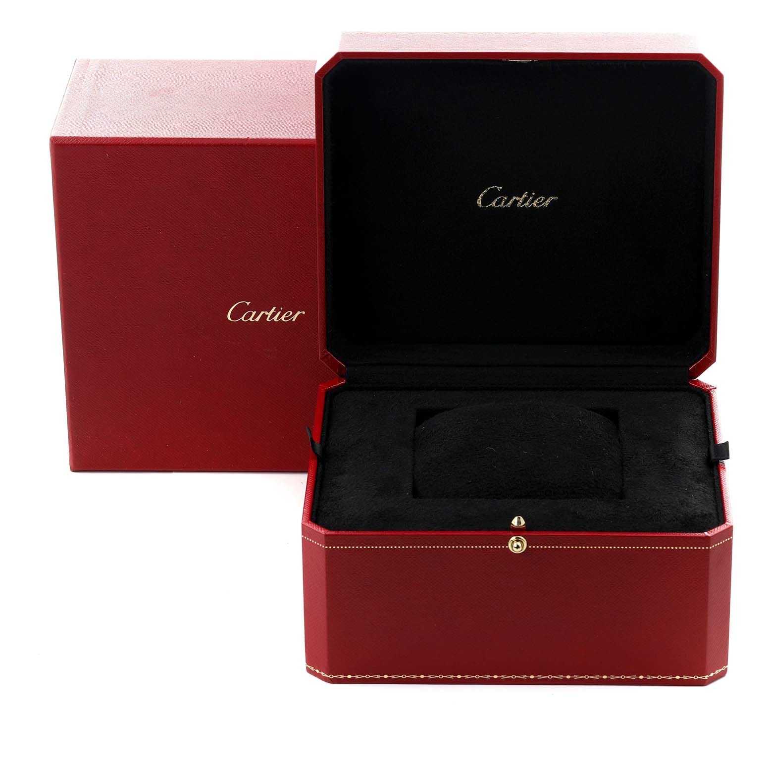 The image shows a Cartier Panthere W3PN0006 Women's Steel and Gold (two tone) Silver Dial W3PN0006 Women's Steel and Gold (two tone) Silver Dial watch box, open to reveal the velvet interior without the watch.