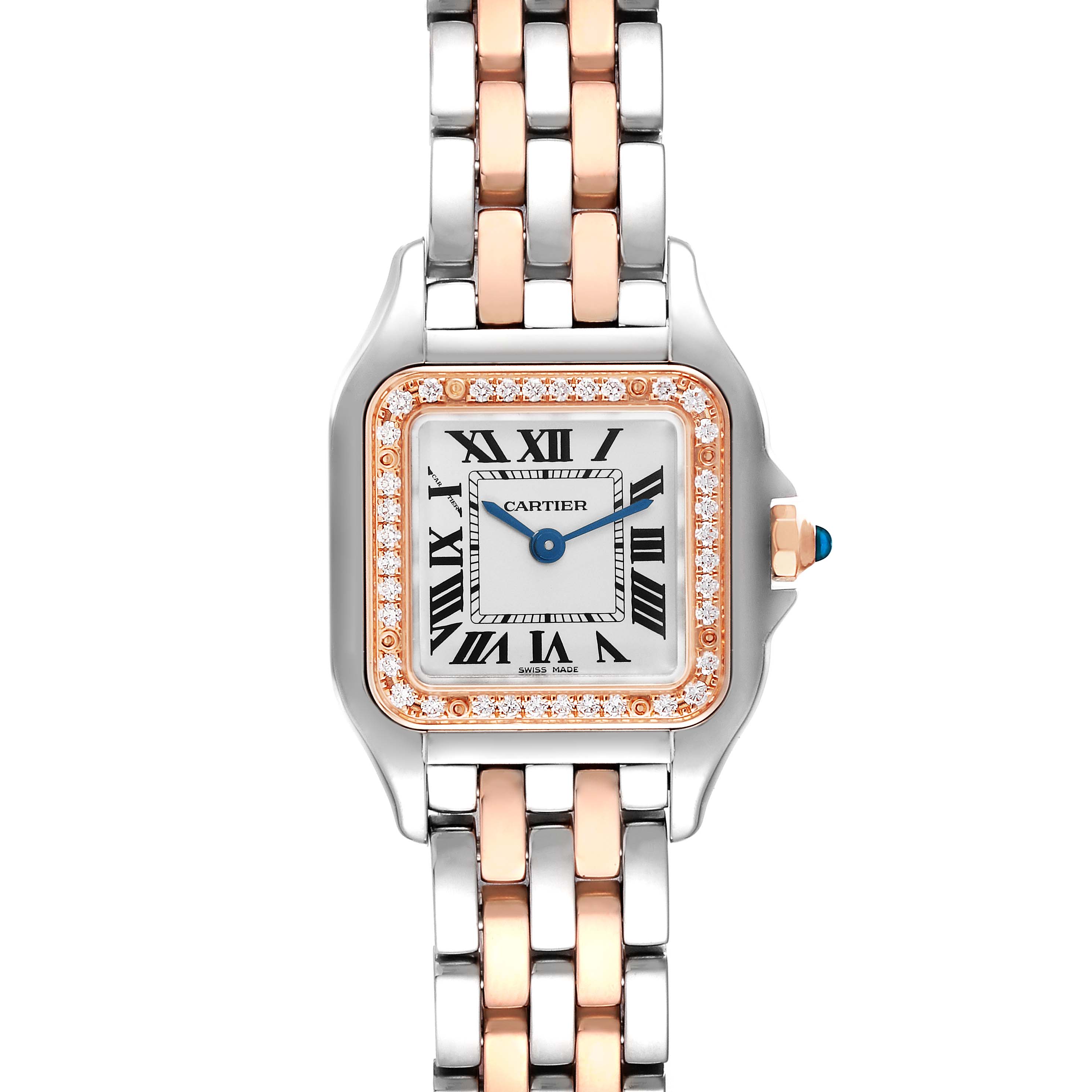 The Cartier Panthere W3PN0006 Women's Steel and Gold (two tone) Silver Dial W3PN0006 Women's Steel and Gold (two tone) Silver Dial watch is shown from the front, highlighting its square diamond-set bezel and two-tone bracelet.