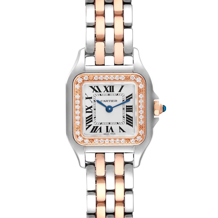 The Cartier Panthere watch is shown from the front, highlighting its square diamond-set bezel and two-tone bracelet.