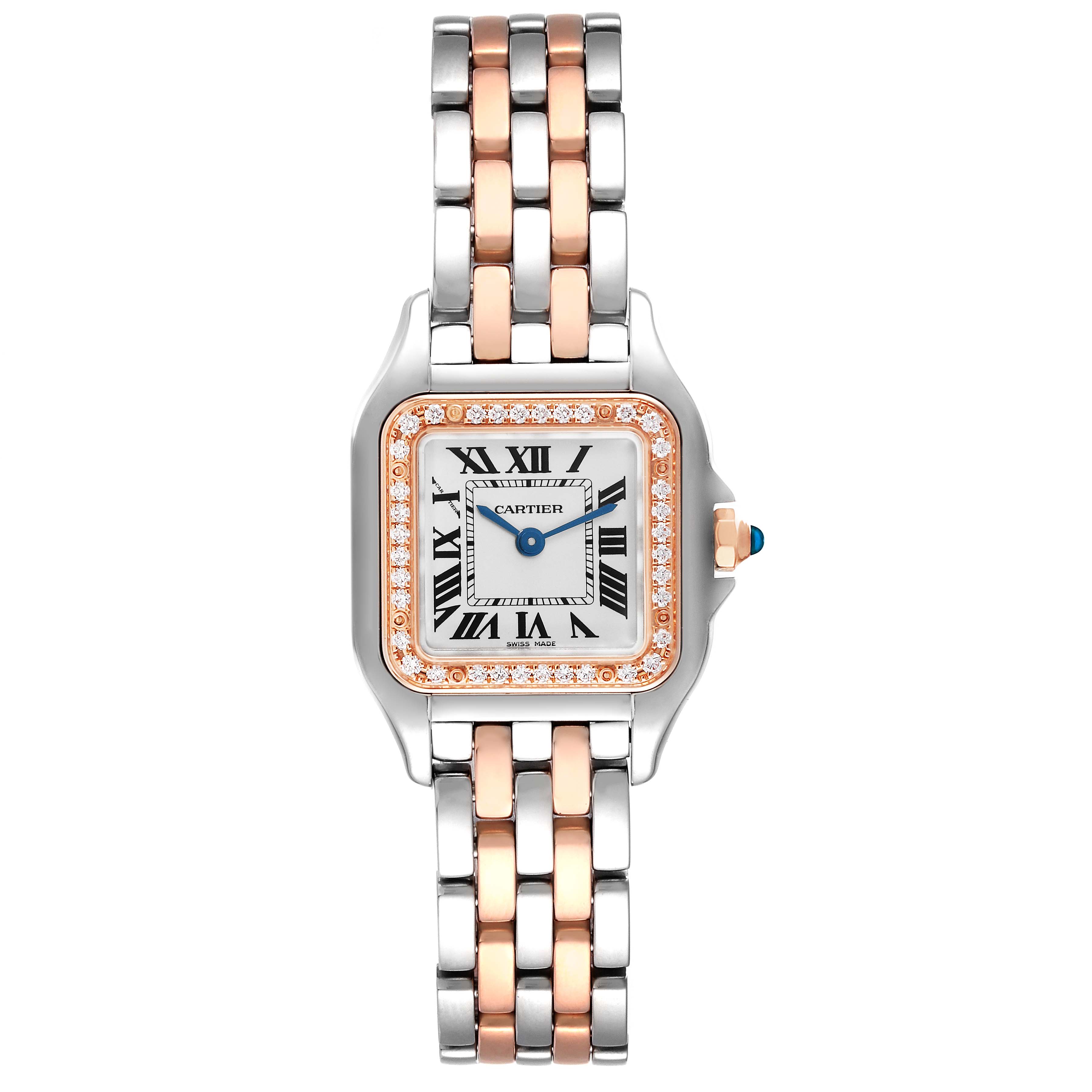 The Cartier Panthere W3PN0006 Women's Steel and Gold (two tone) Silver Dial W3PN0006 Women's Steel and Gold (two tone) Silver Dial watch is shown from the front, displaying its face and two-tone bracelet.