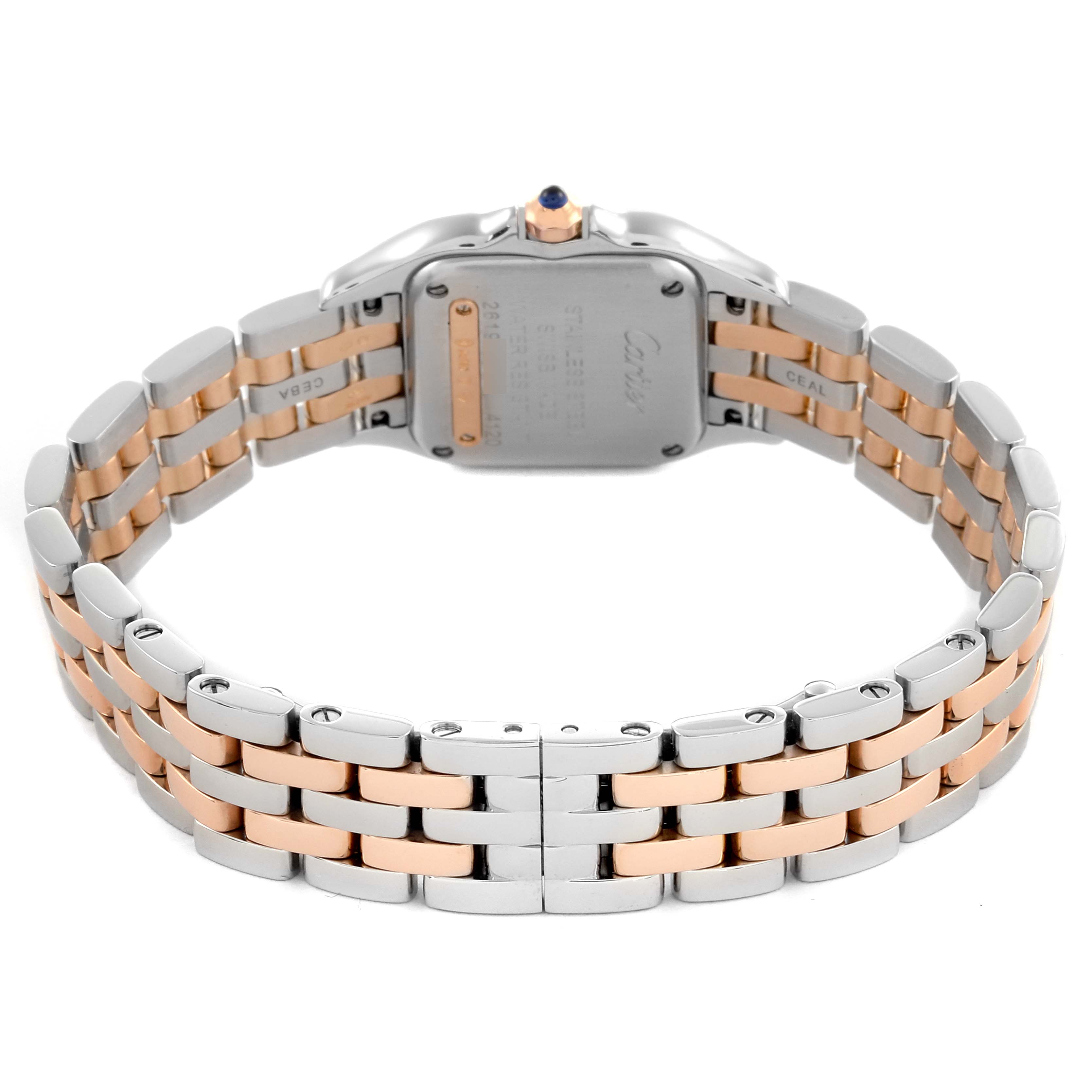 The Cartier Panthere W3PN0006 Women's Steel and Gold (two tone) Silver Dial W3PN0006 Women's Steel and Gold (two tone) Silver Dial watch is shown from the back, highlighting its two-tone bracelet and case back details.