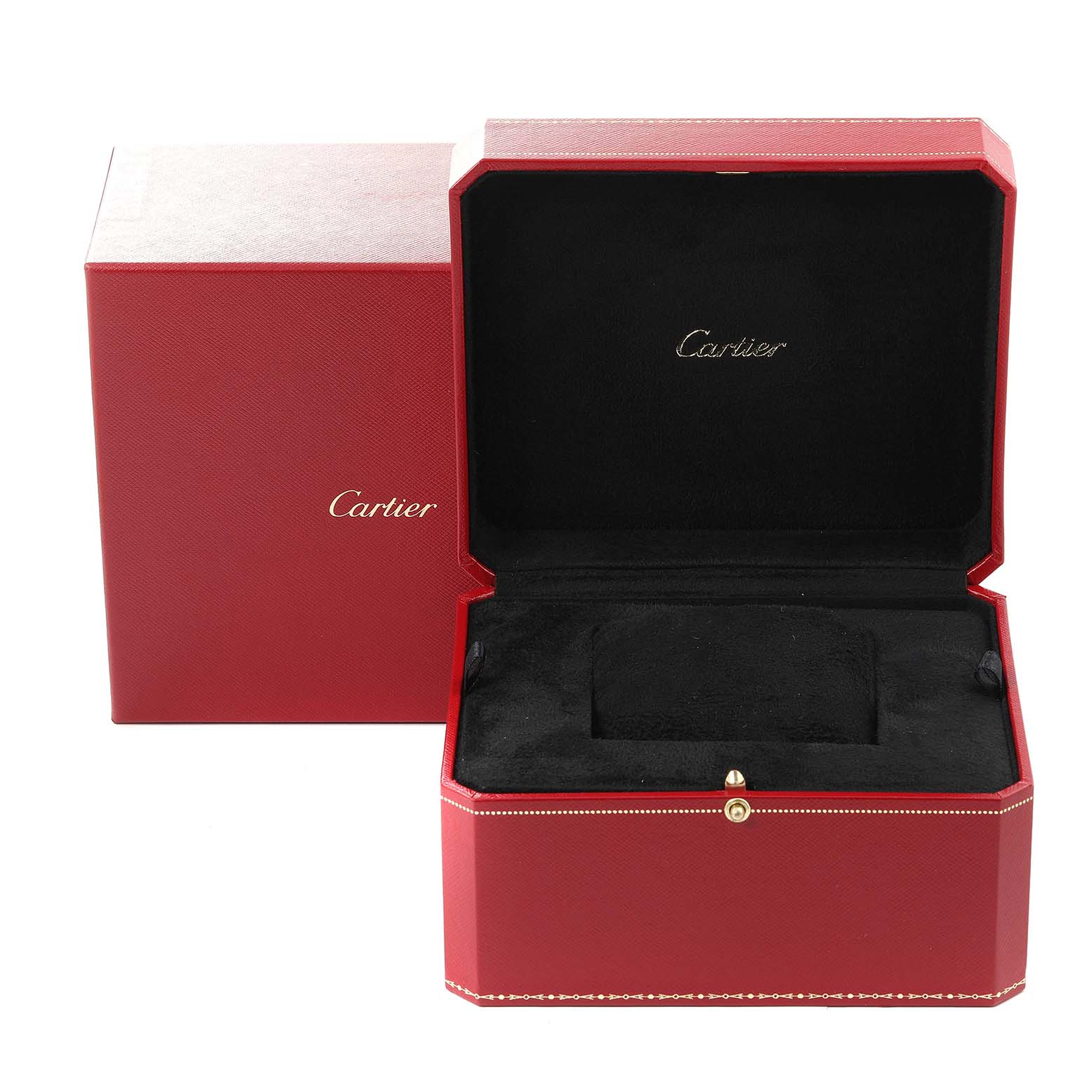 The image shows an open red Cartier watch box for the Panthere model, with its matching outer box beside it.