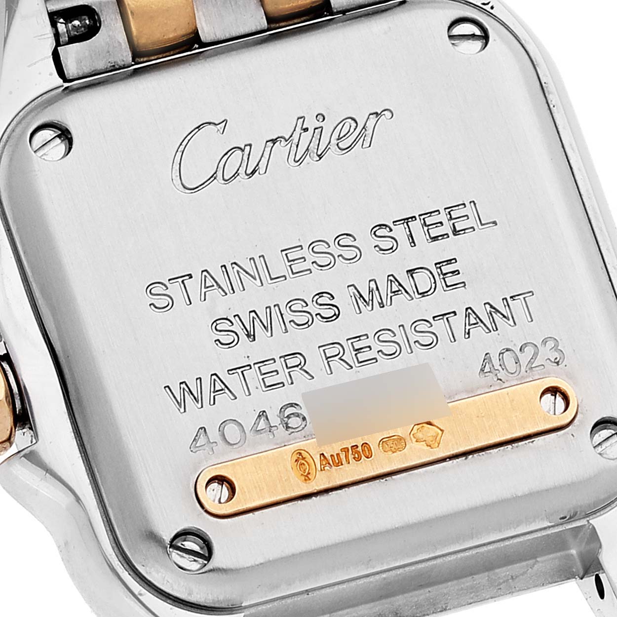 Rear view of the Cartier Panthère watch displaying its stainless steel case back with engravings and serial number.