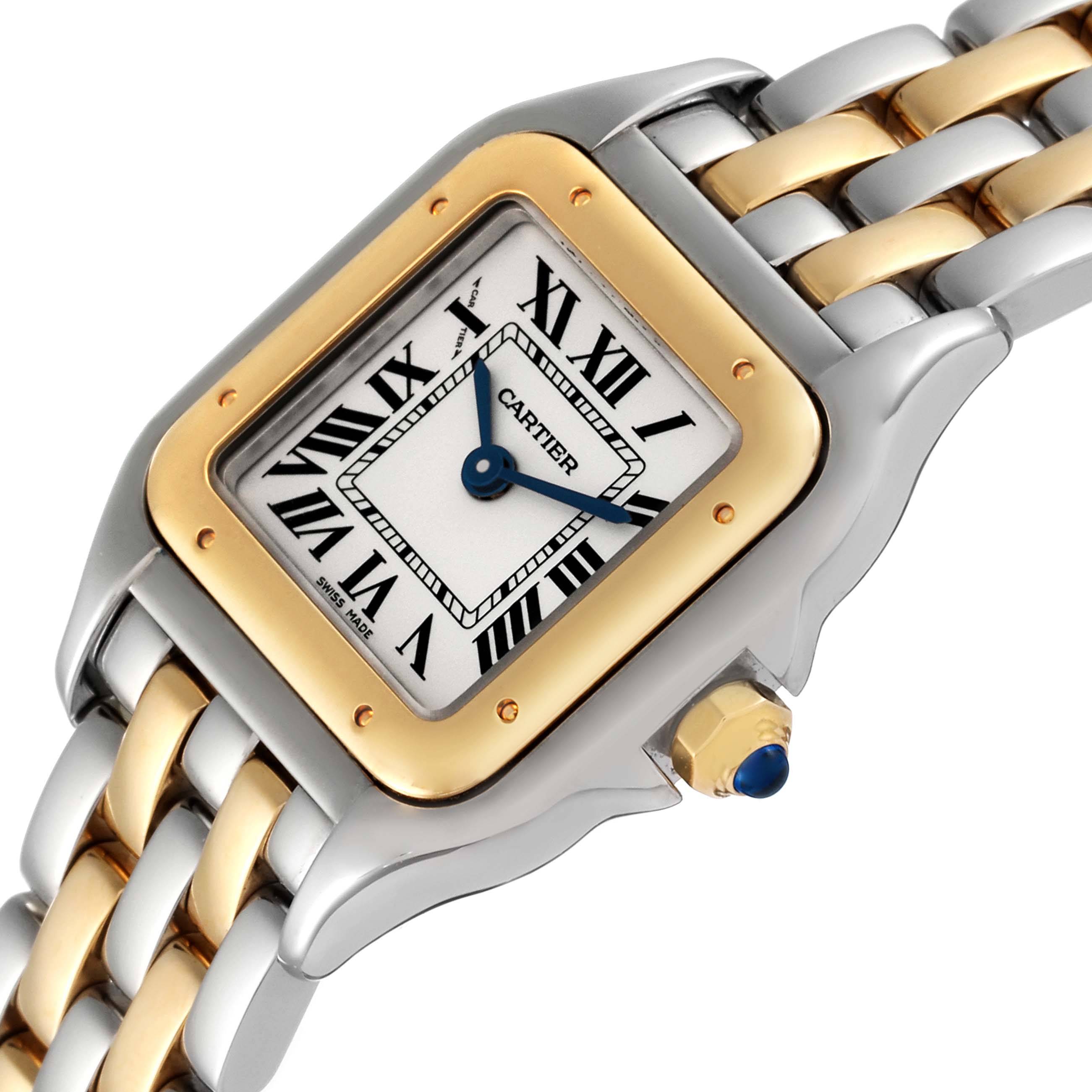 The image shows a close-up view of the Cartier Panthere W2PN0006 Women's Steel and Gold (two tone) Silver Dial W2PN0006 Women's Steel and Gold (two tone) Silver Dial watch face, bezel, and metal bracelet at a slight angle.