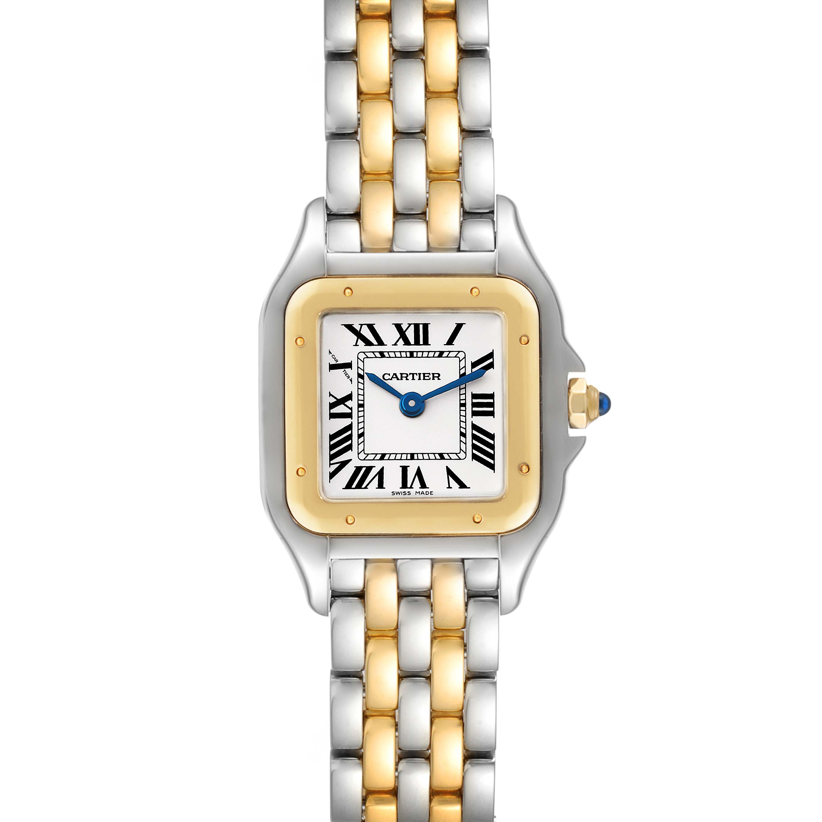 The image shows a frontal view of the Cartier Panthere W2PN0006 Women's Steel and Gold (two tone) Silver Dial W2PN0006 Women's Steel and Gold (two tone) Silver Dial watch, highlighting its face, bezel, crown, and two-tone bracelet.