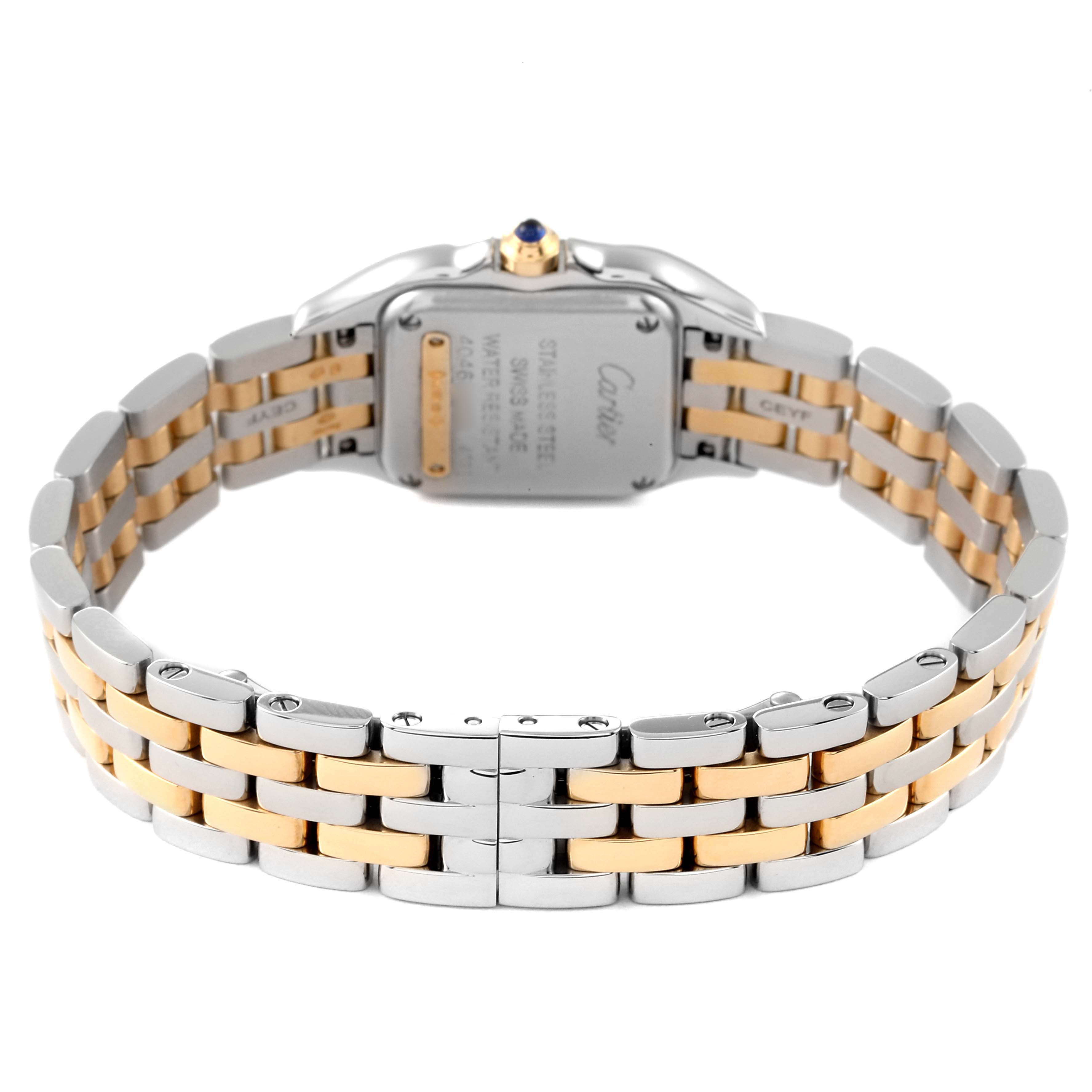 The image shows the back and band of a two-tone Panthere model by Cartier.