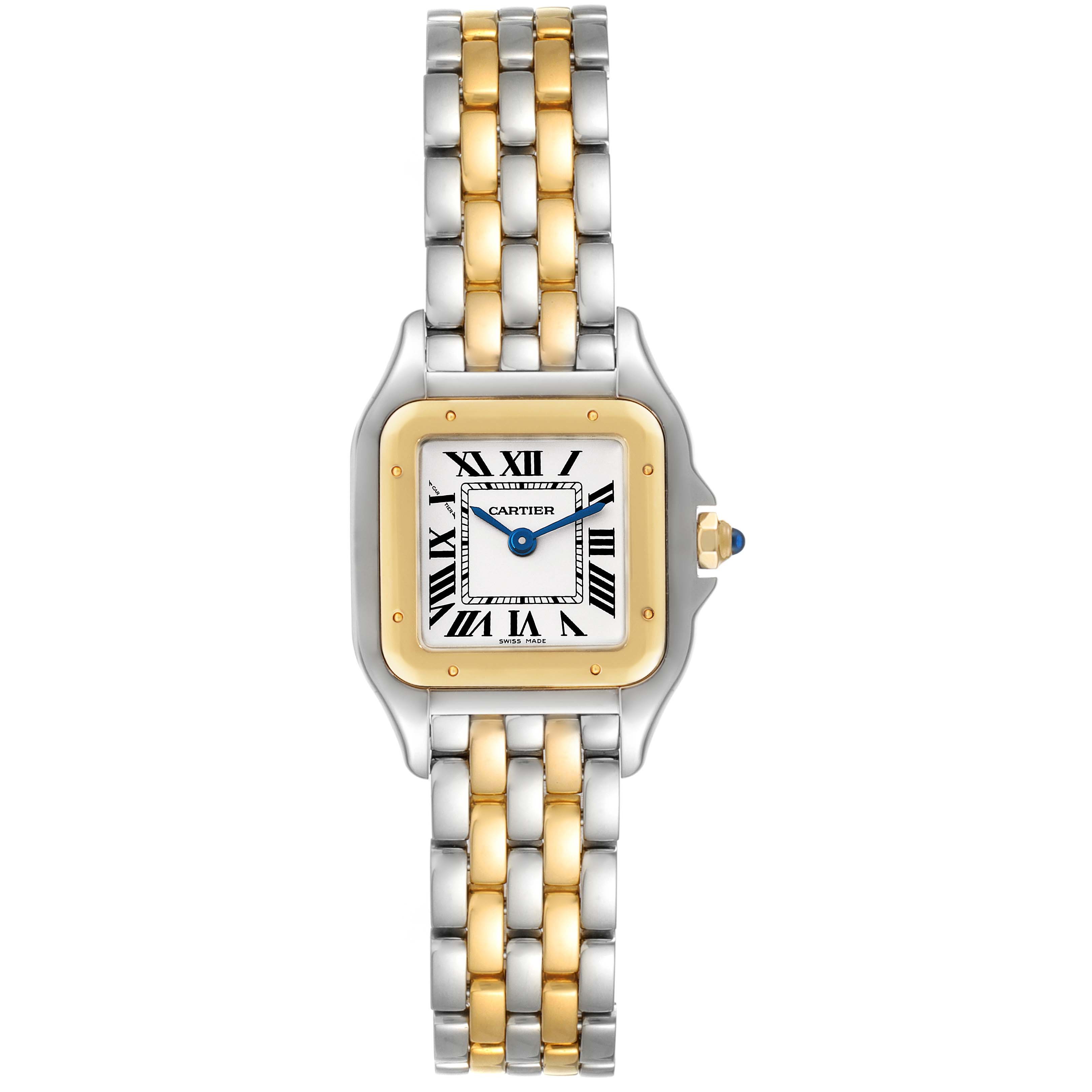 This image shows a Cartier Panthere W2PN0006 Women's Steel and Gold (two tone) Silver Dial W2PN0006 Women's Steel and Gold (two tone) Silver Dial watch with a two-tone bracelet and square face, viewed from the top.