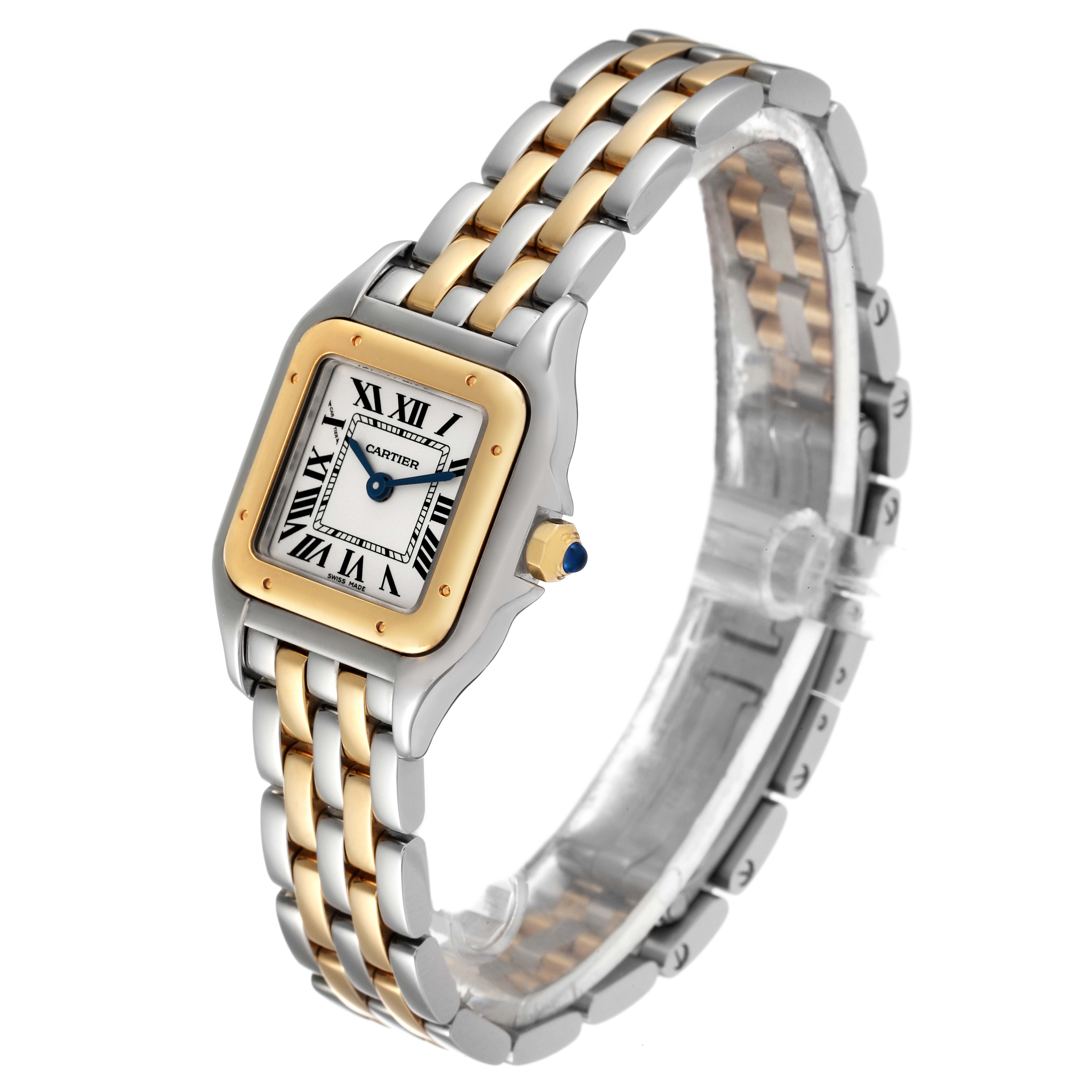 The Cartier Panthere W2PN0006 Women's Steel and Gold (two tone) Silver Dial W2PN0006 Women's Steel and Gold (two tone) Silver Dial watch is displayed from a three-quarter view, showing its two-tone case, Roman numeral dial, and bracelet.