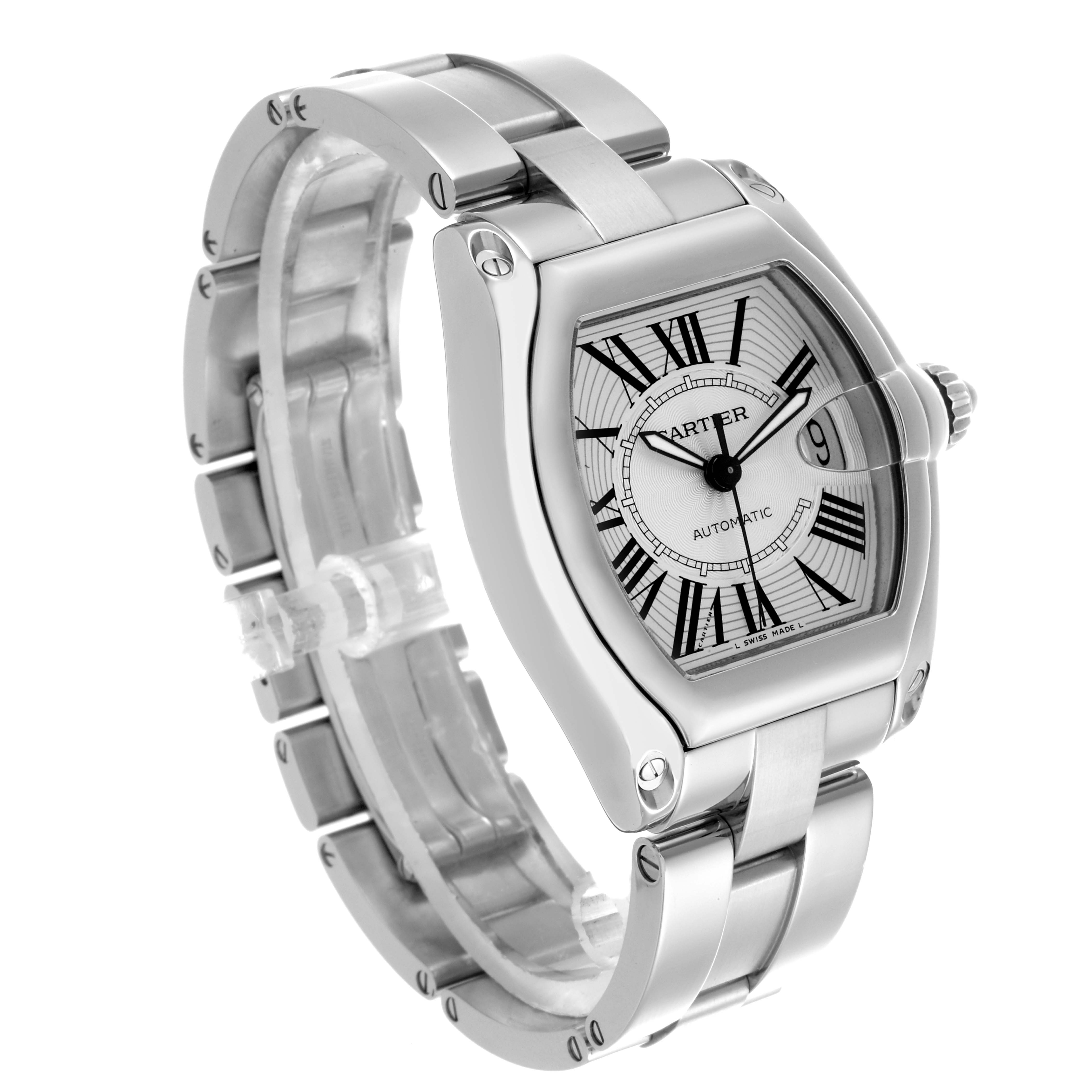 The Cartier Roadster W62025V3 Men's Stainless Steel Silver Dial W62025V3 Men's Stainless Steel Silver Dial watch is shown at a three-quarter angle, featuring its silver case, roman numeral dial, and bracelet.