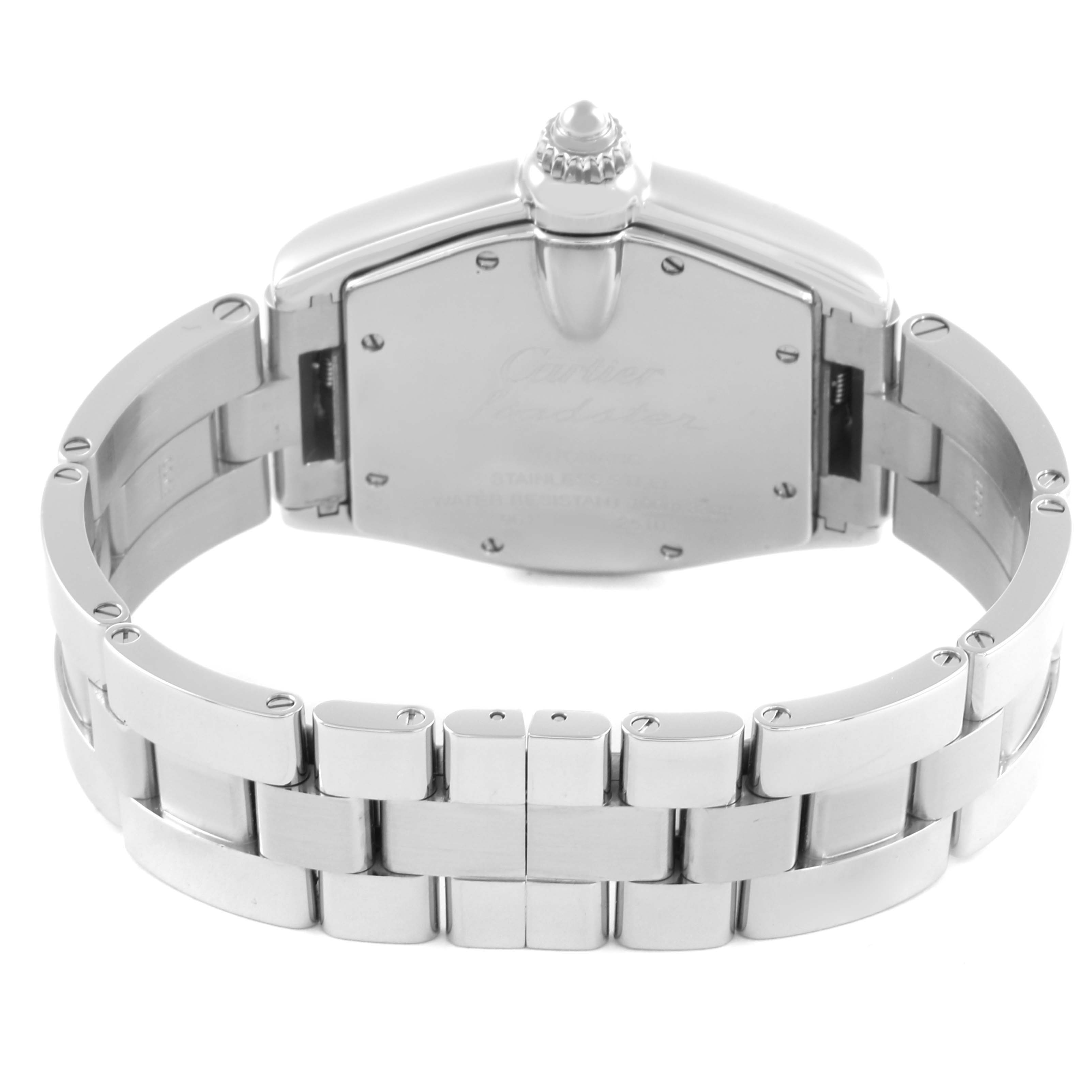 The image shows the back and bracelet of the Cartier Roadster W62025V3 Men's Stainless Steel Silver Dial W62025V3 Men's Stainless Steel Silver Dial watch from a rear angle.