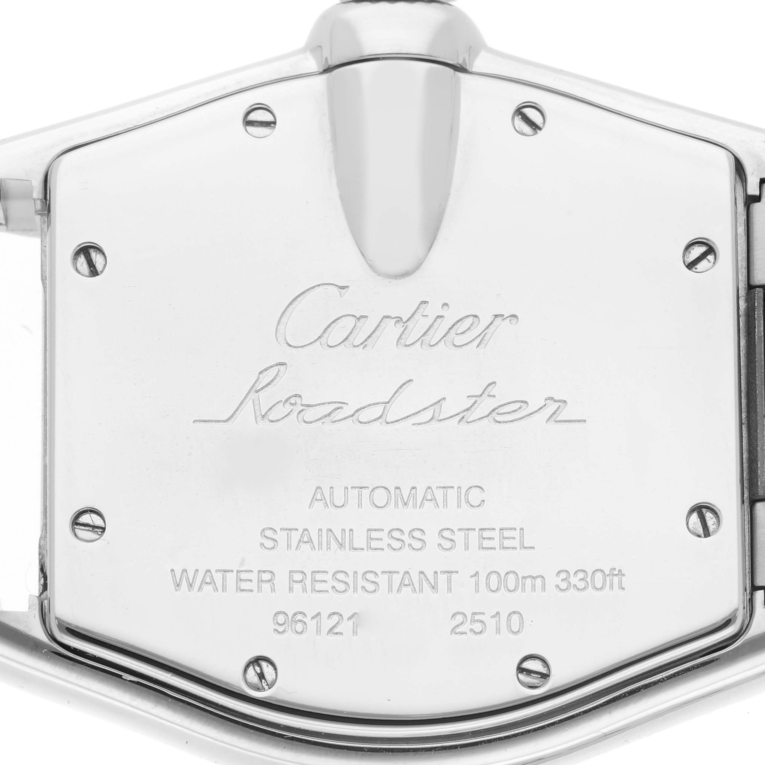 The image shows the back of the Cartier Roadster W62025V3 Men's Stainless Steel Silver Dial W62025V3 Men's Stainless Steel Silver Dial watch, highlighting its stainless steel case and engravings.