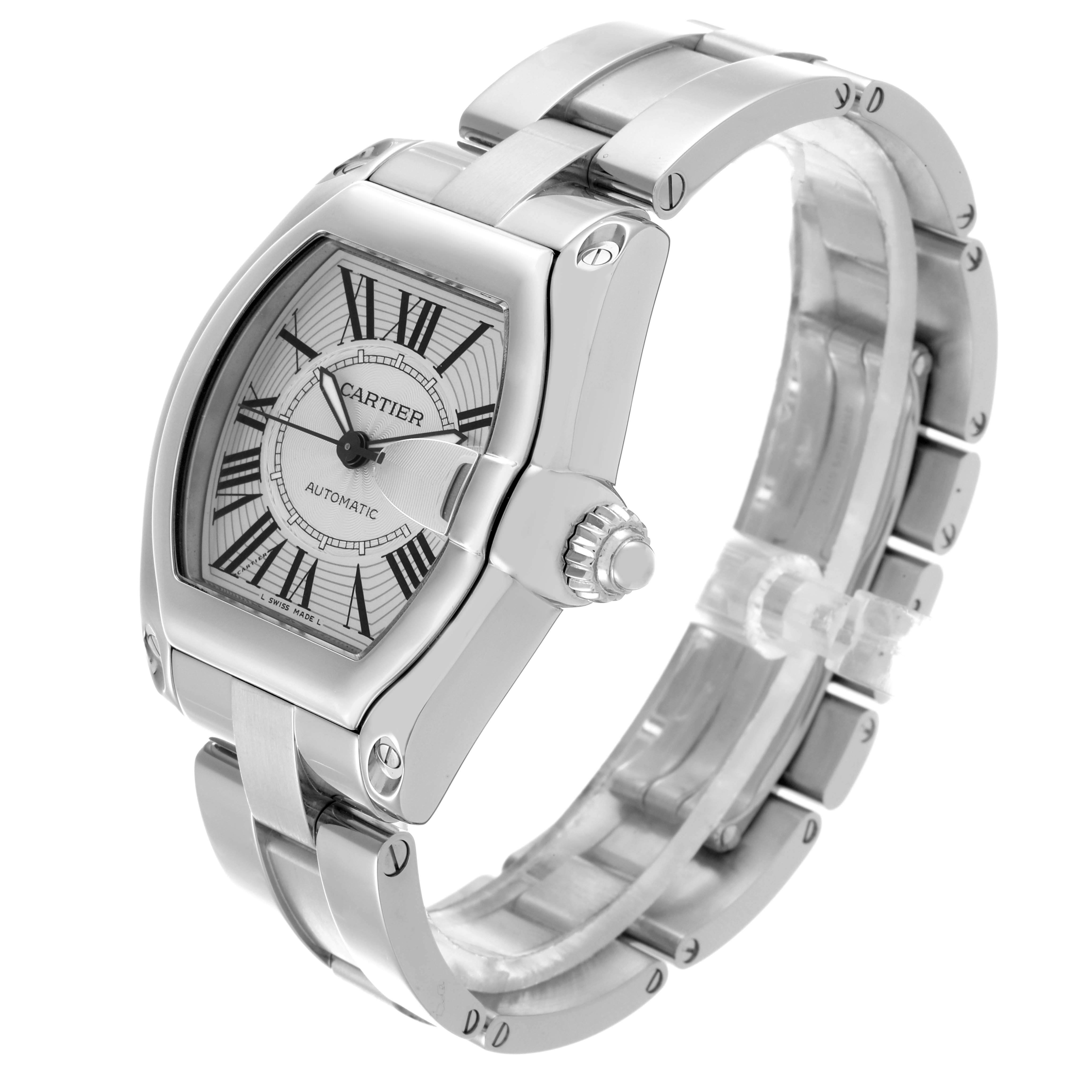 The Cartier Roadster W62025V3 Men's Stainless Steel Silver Dial W62025V3 Men's Stainless Steel Silver Dial watch is shown at an oblique angle, highlighting the dial, bracelet, and crown.