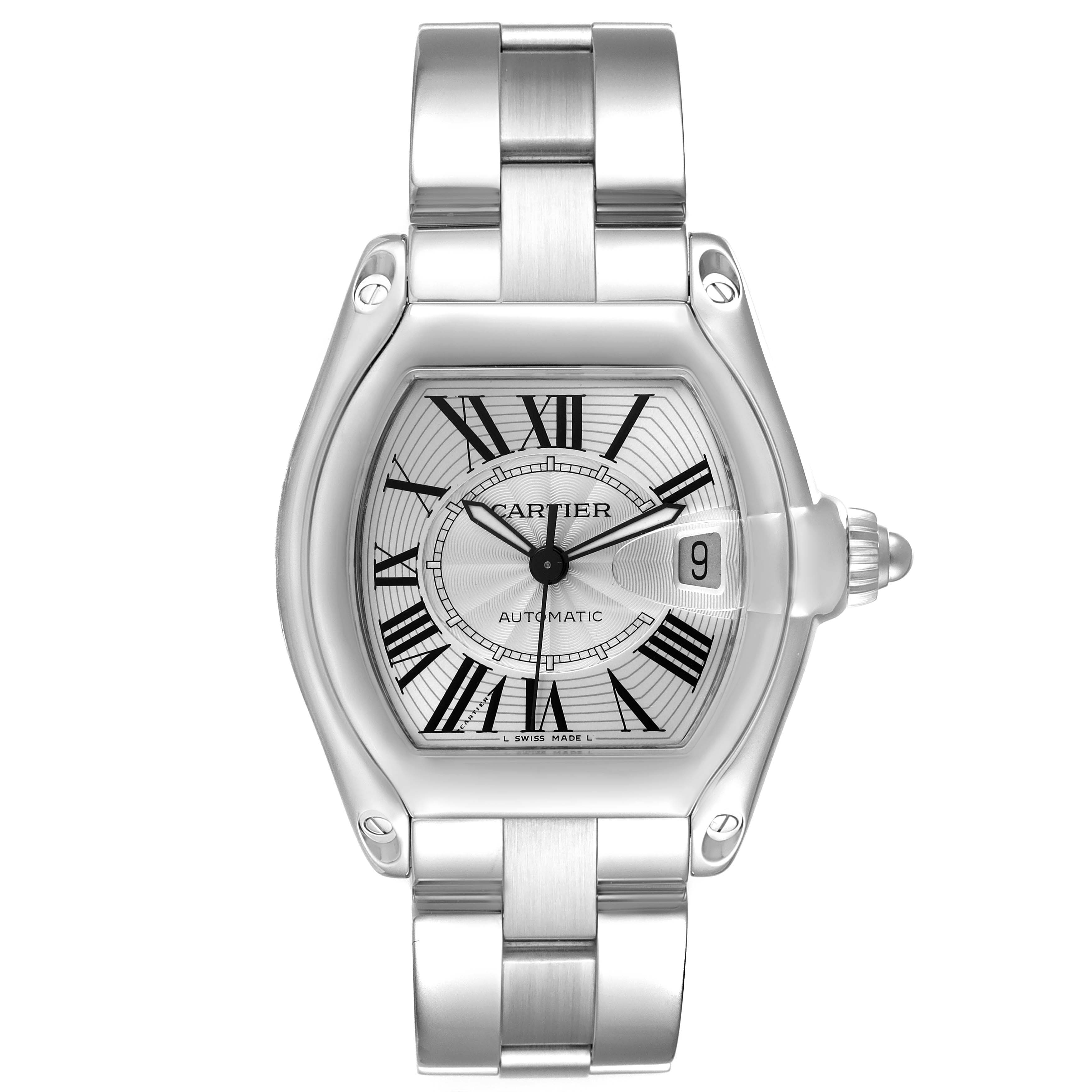 The Cartier Roadster W62025V3 Men's Stainless Steel Silver Dial W62025V3 Men's Stainless Steel Silver Dial watch is shown from a top-down angle, highlighting the face and bracelet.