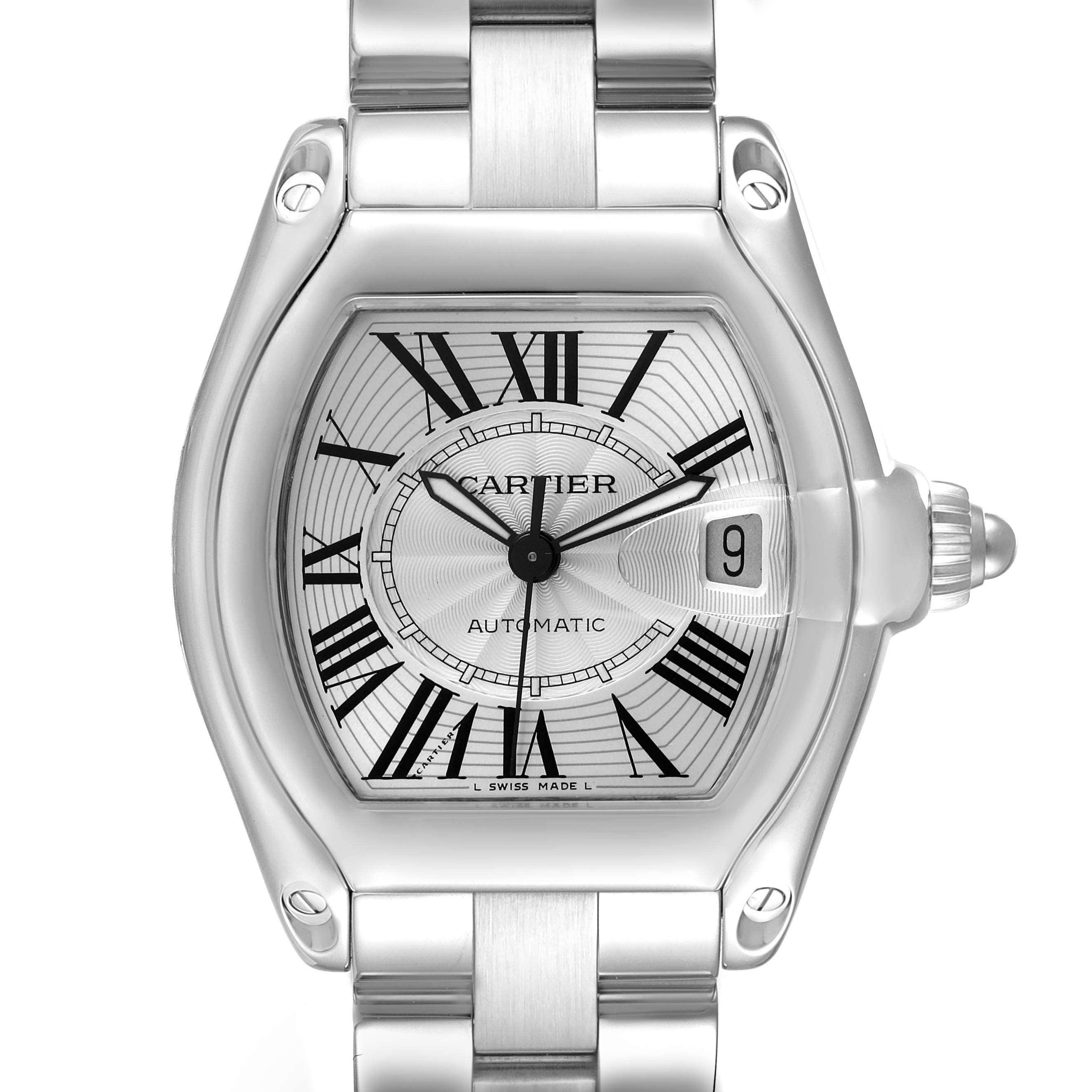 The Cartier Roadster W62025V3 Men's Stainless Steel Silver Dial W62025V3 Men's Stainless Steel Silver Dial watch is shown from a front view, displaying its face, bezel, case, crown, and part of the bracelet.