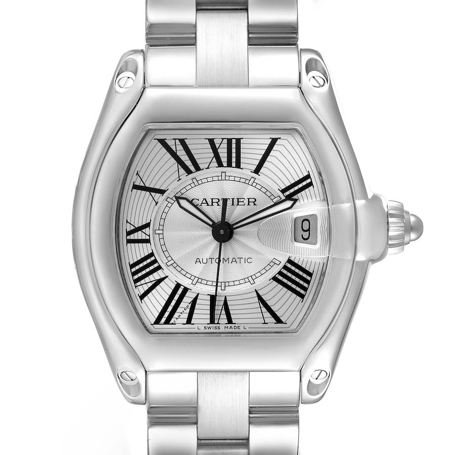 The Cartier Roadster watch is shown from a front view, displaying its face, bezel, case, crown, and part of the bracelet.