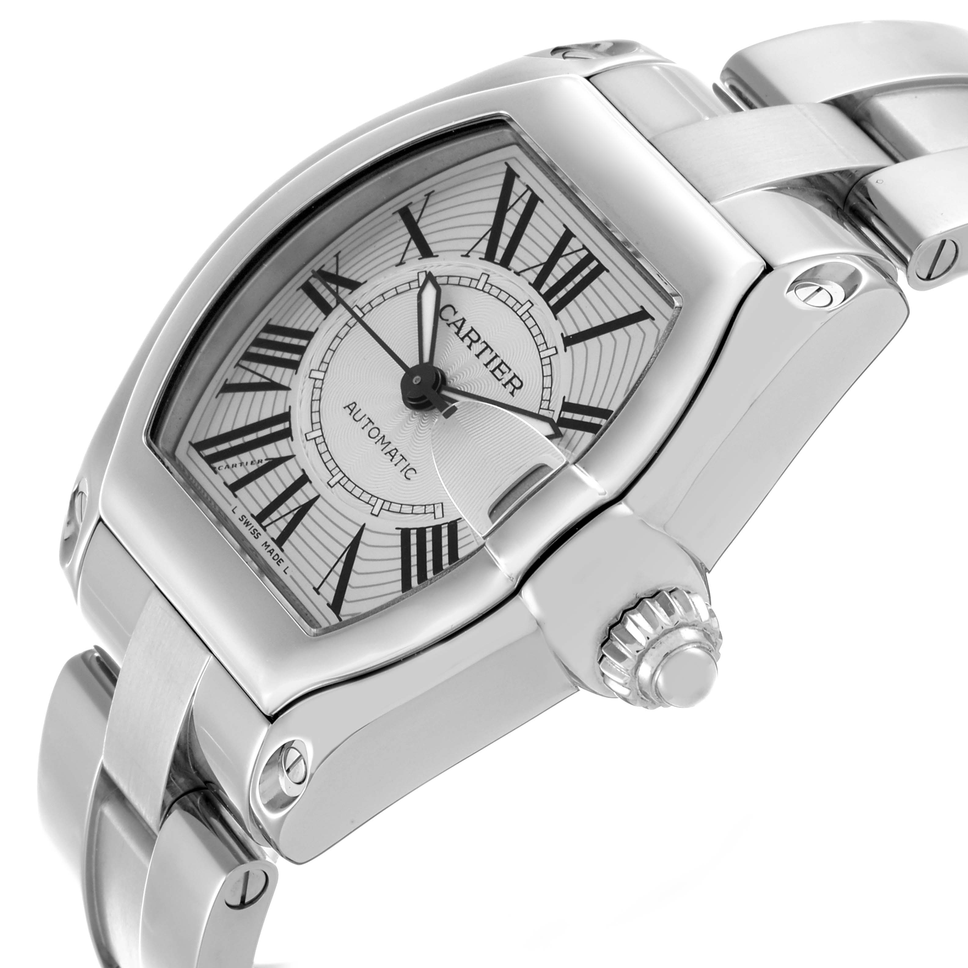 The Cartier Roadster W62025V3 Men's Stainless Steel Silver Dial W62025V3 Men's Stainless Steel Silver Dial watch is shown at an angle highlighting the face, crown, and part of the bracelet.