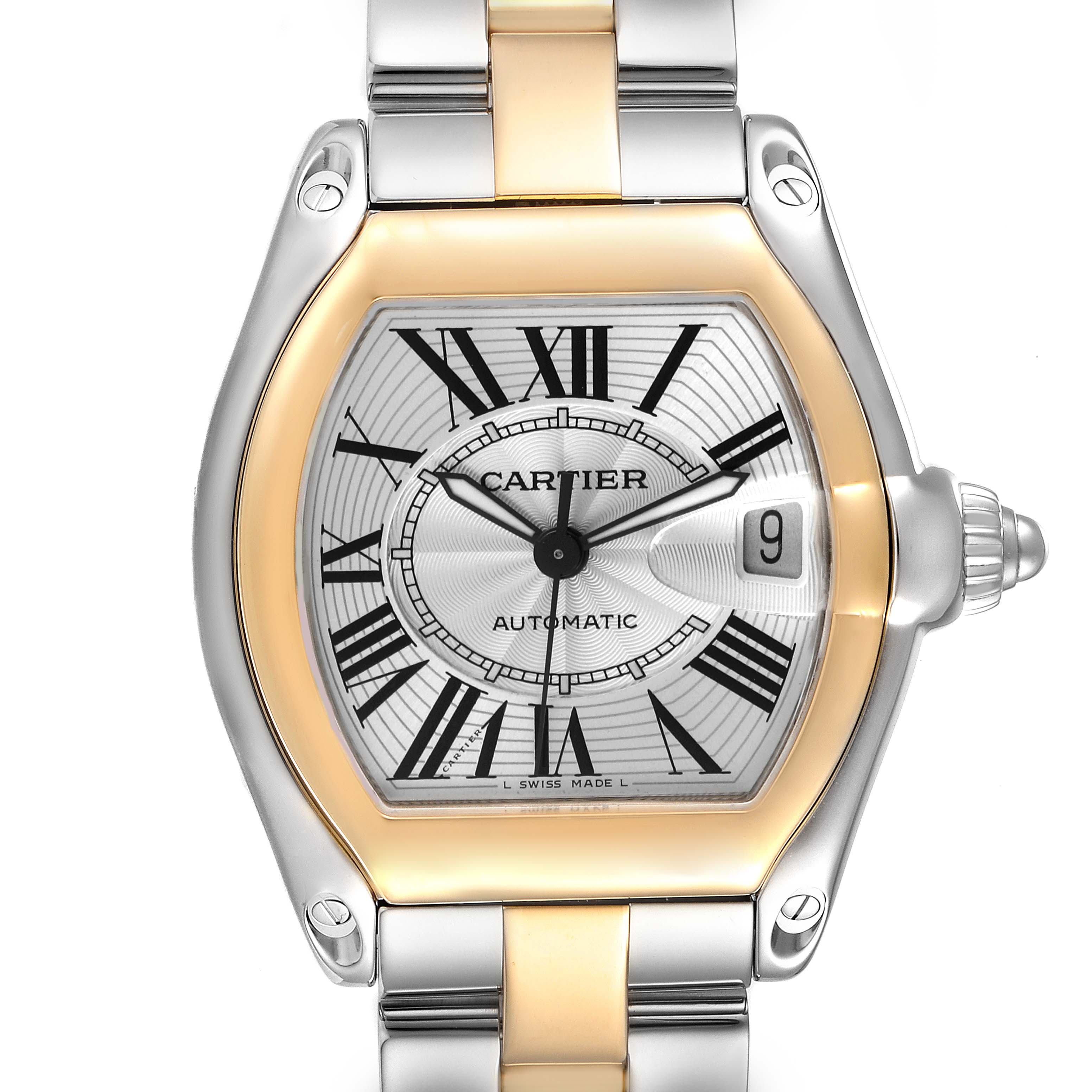 The Cartier Roadster W62031Y4 Men's Steel and Gold (two tone) Silver Dial W62031Y4 Men's Steel and Gold (two tone) Silver Dial watch is shown from a top-down angle highlighting the face, bezel, and part of the bracelet.