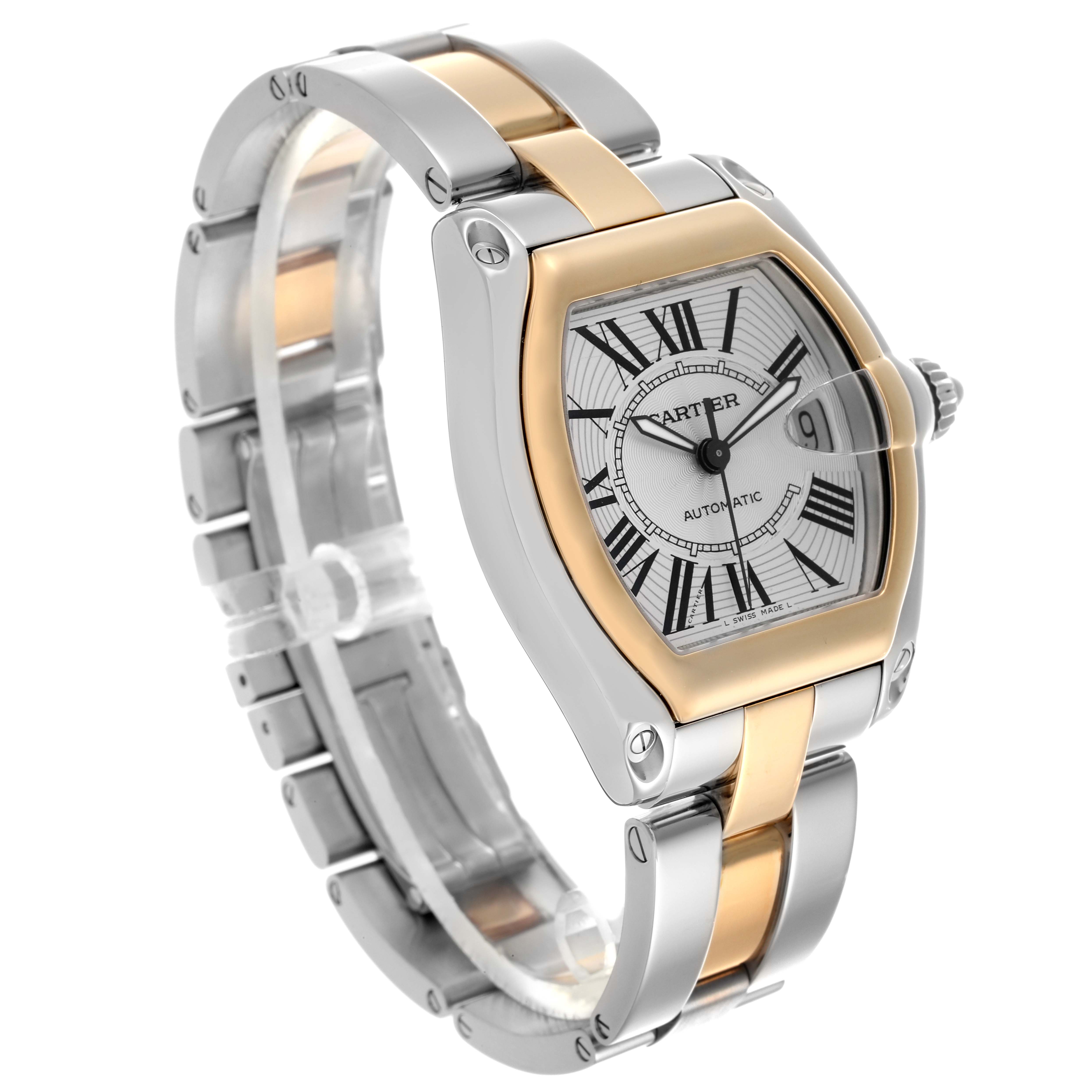 The Cartier Roadster W62031Y4 Men's Steel and Gold (two tone) Silver Dial W62031Y4 Men's Steel and Gold (two tone) Silver Dial watch is shown at an angle displaying the face, bracelet, and crown.