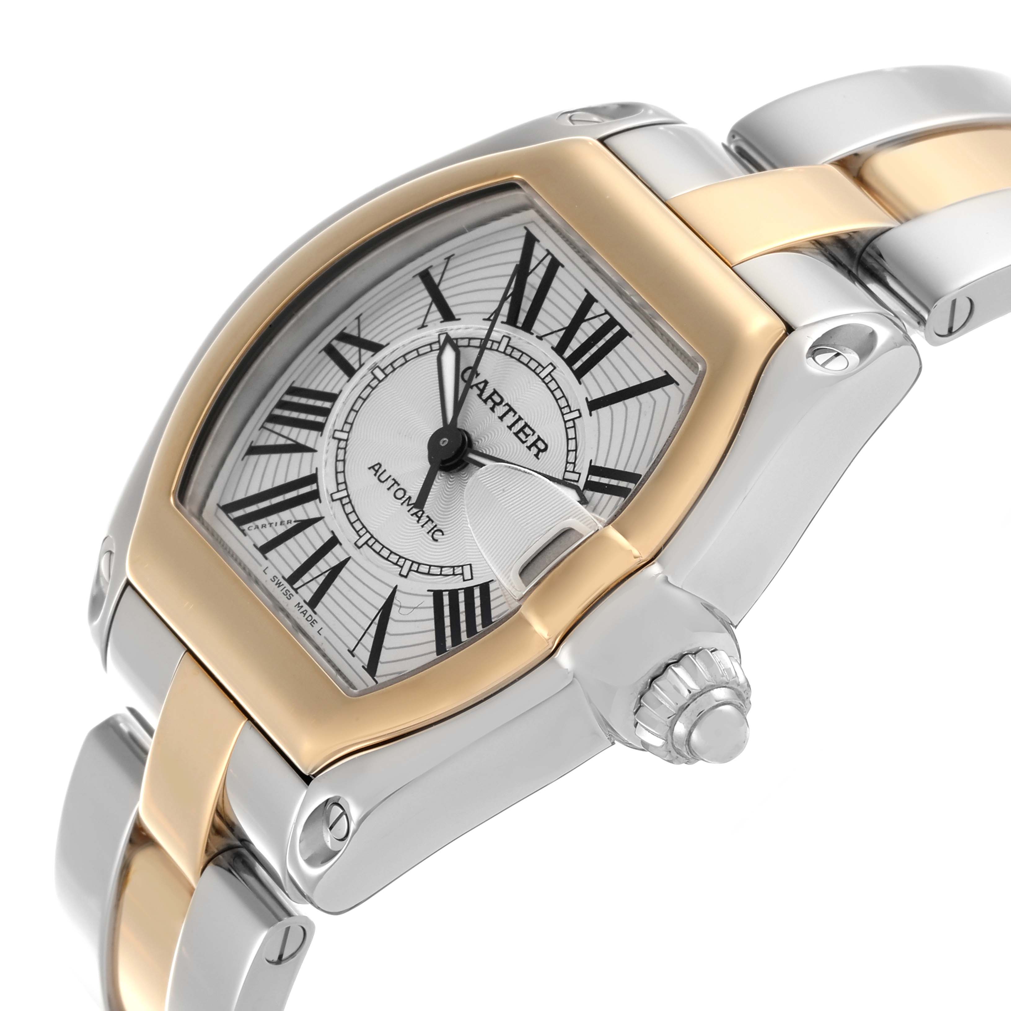 The Cartier Roadster W62031Y4 Men's Steel and Gold (two tone) Silver Dial W62031Y4 Men's Steel and Gold (two tone) Silver Dial watch is shown at a three-quarter angle, highlighting the face, crown, and part of the bracelet.