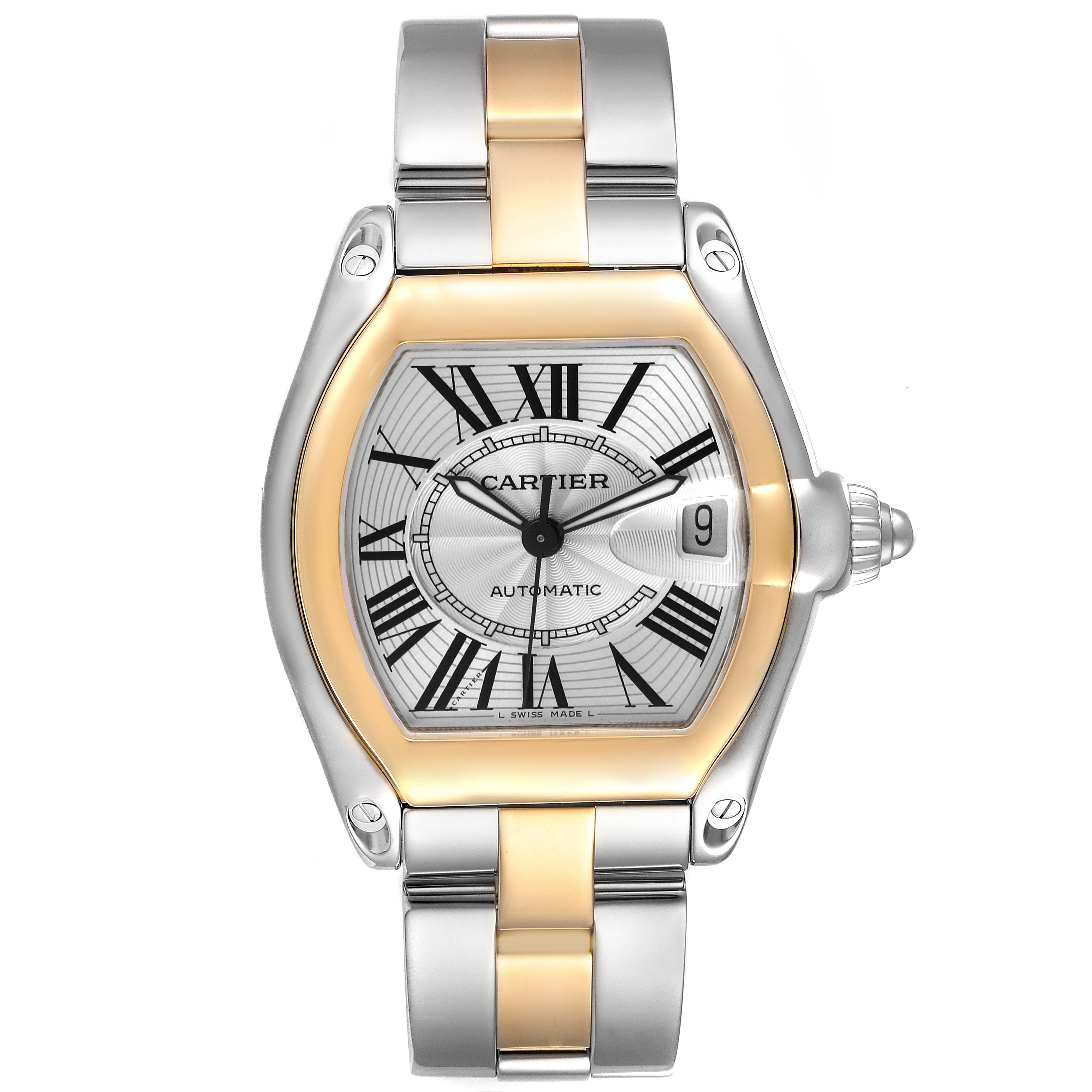 The Cartier Roadster W62031Y4 Men's Steel and Gold (two tone) Silver Dial W62031Y4 Men's Steel and Gold (two tone) Silver Dial watch is shown from a front angle, displaying the face, bezel, and part of the bracelet.
