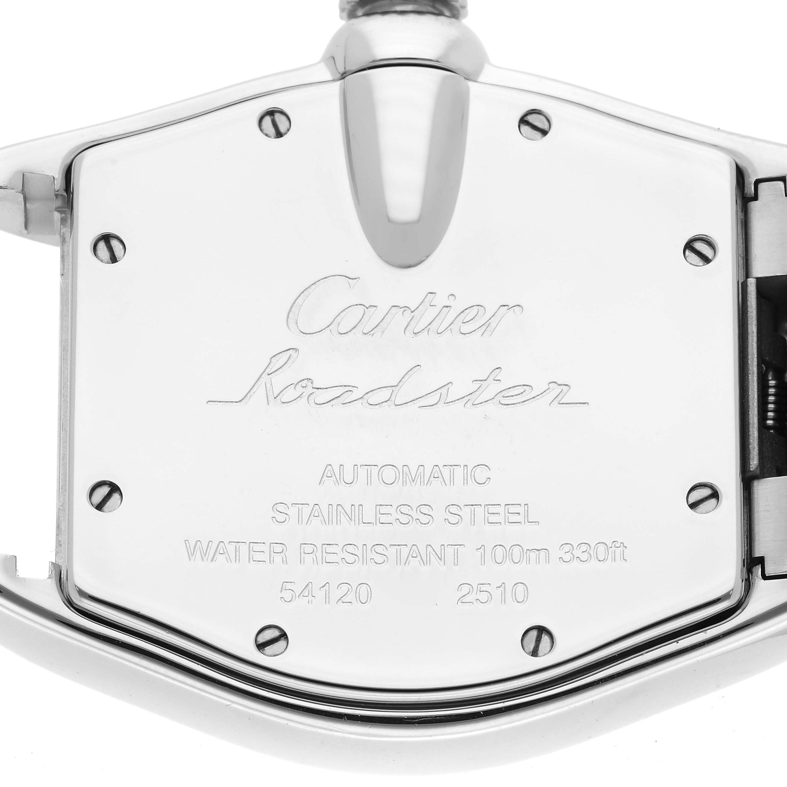 The image shows the back of the Cartier Roadster W62031Y4 Men's Steel and Gold (two tone) Silver Dial W62031Y4 Men's Steel and Gold (two tone) Silver Dial watch, highlighting the engraved details and screws.