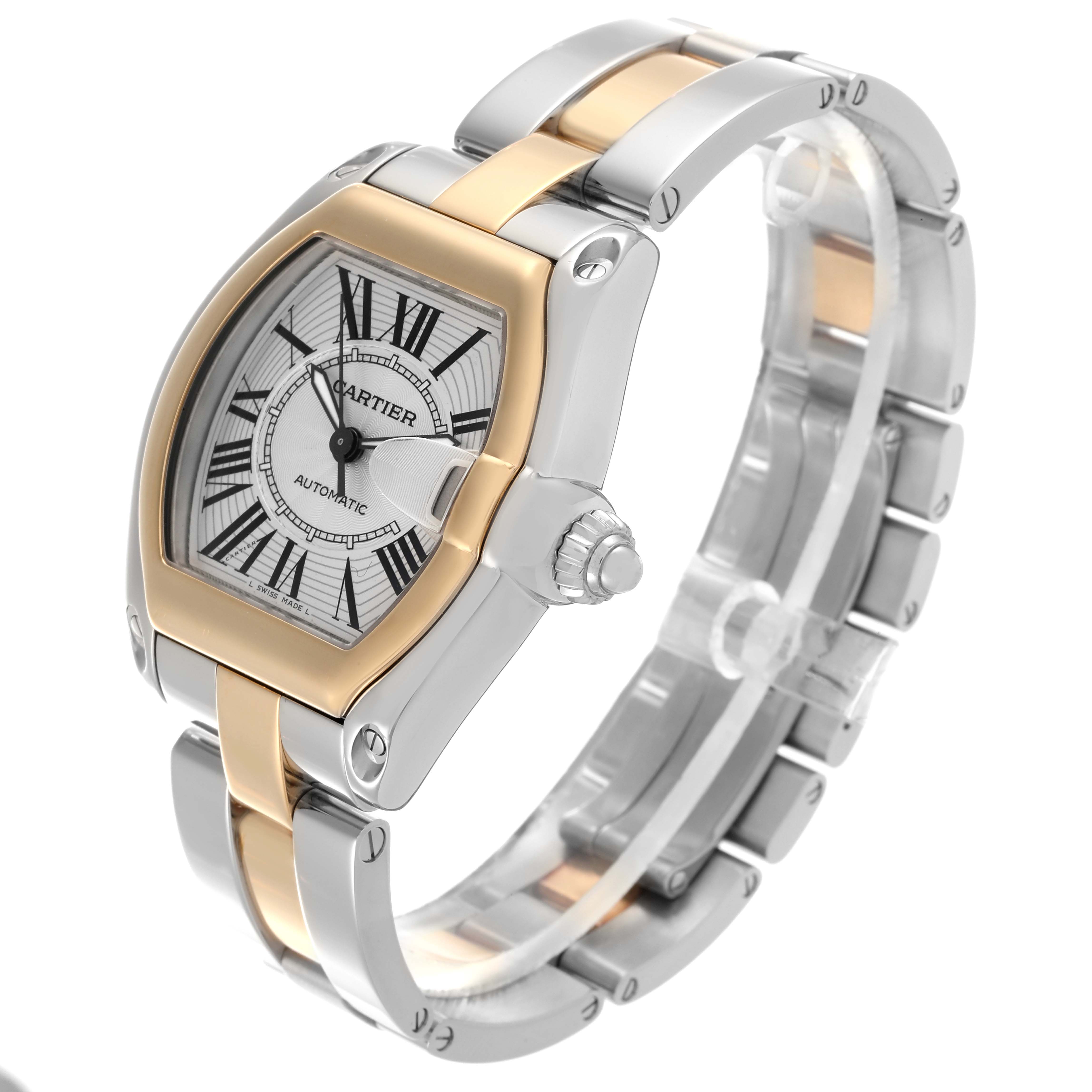 The Cartier Roadster W62031Y4 Men's Steel and Gold (two tone) Silver Dial W62031Y4 Men's Steel and Gold (two tone) Silver Dial watch is shown from a front-side angle, displaying the face, bezel, and bracelet.