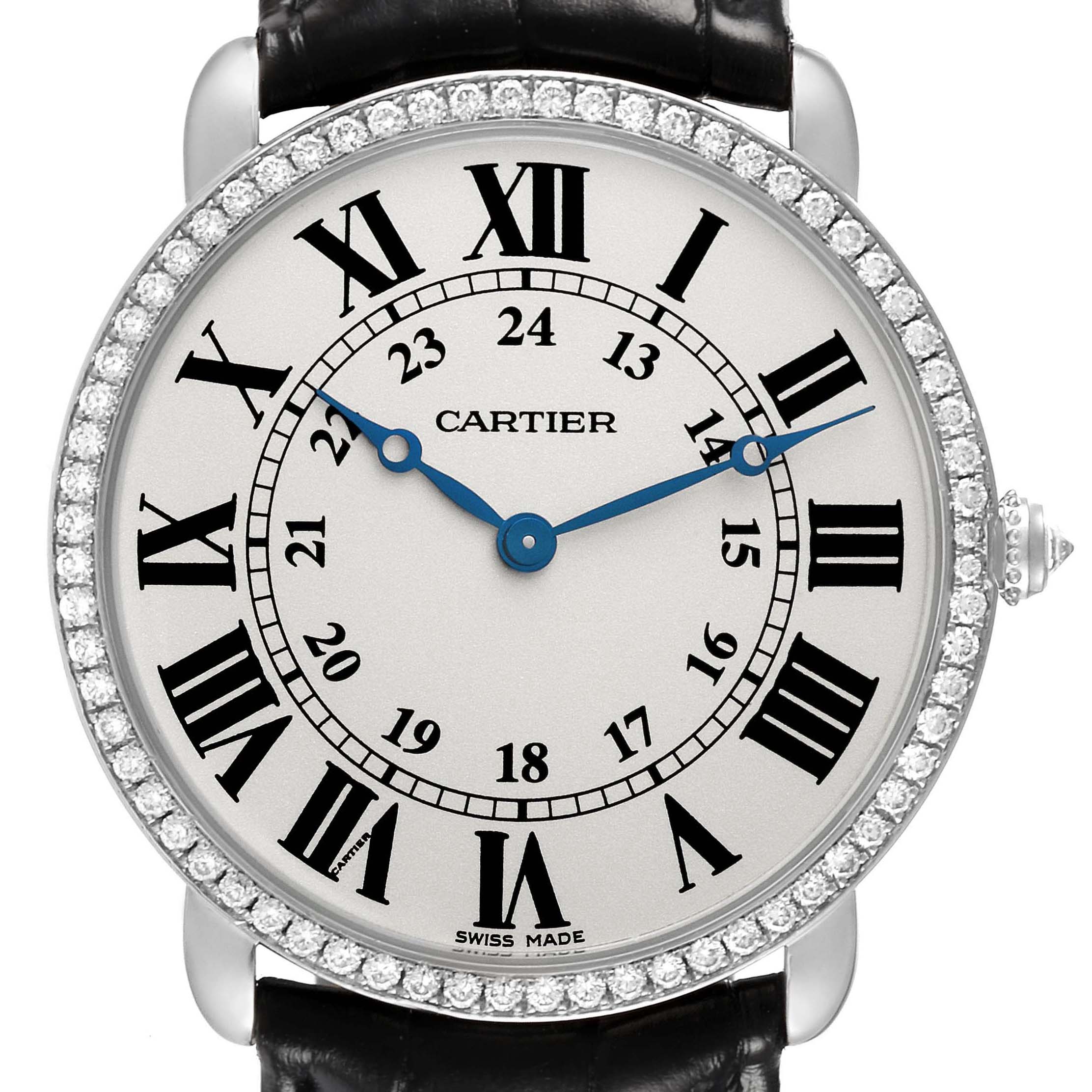 The Cartier Ronde WR000551 Women's White Gold Silver Dial watch is shown from the front, highlighting the dial, Roman numerals, blue hands, and diamond bezel.
