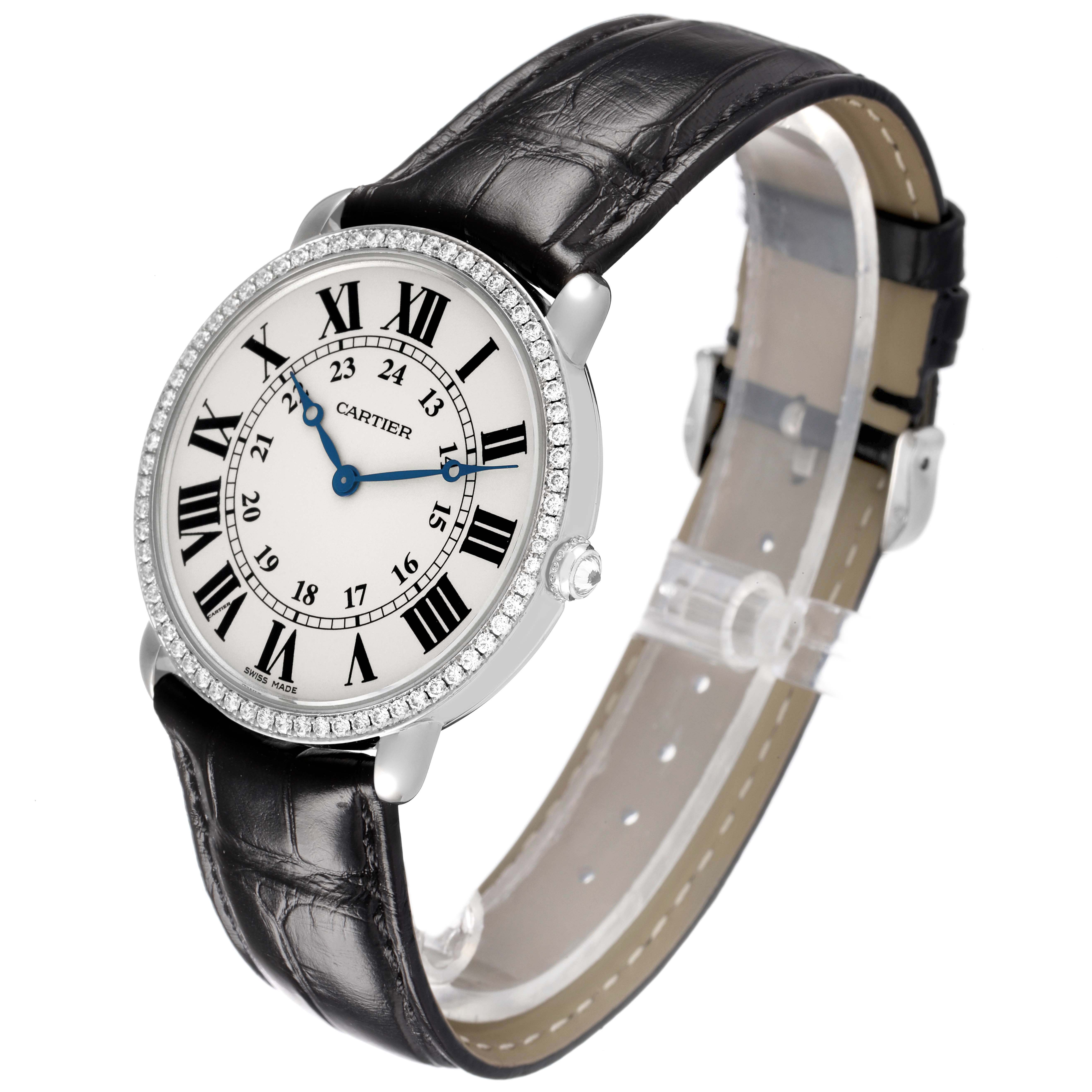 The Cartier Ronde WR000551 Women's White Gold Silver Dial watch is shown at a slight angle, highlighting its face, strap, and bejeweled bezel.