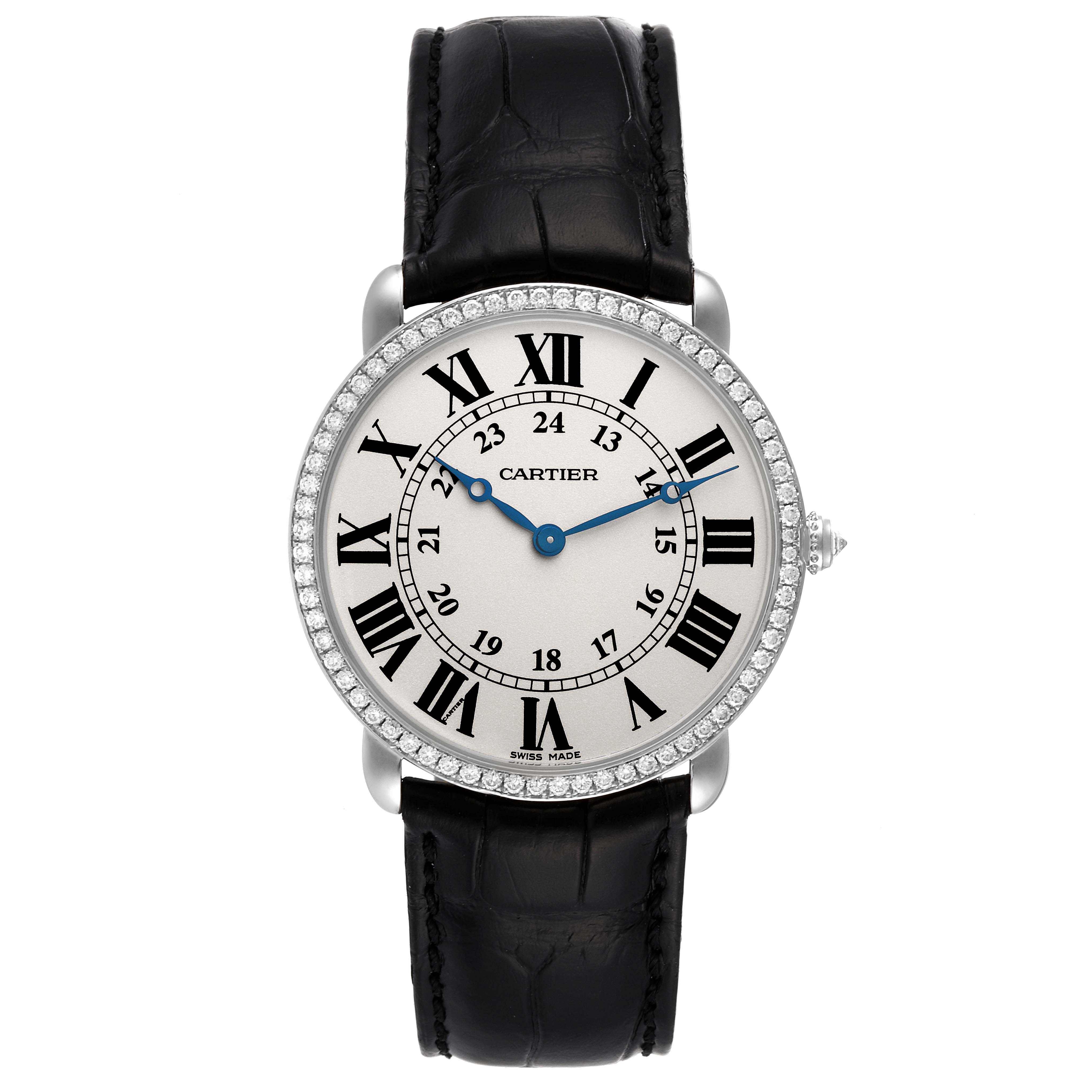 The image shows a Cartier Ronde model watch from the front, displaying its dial, hour markers, and strap.
