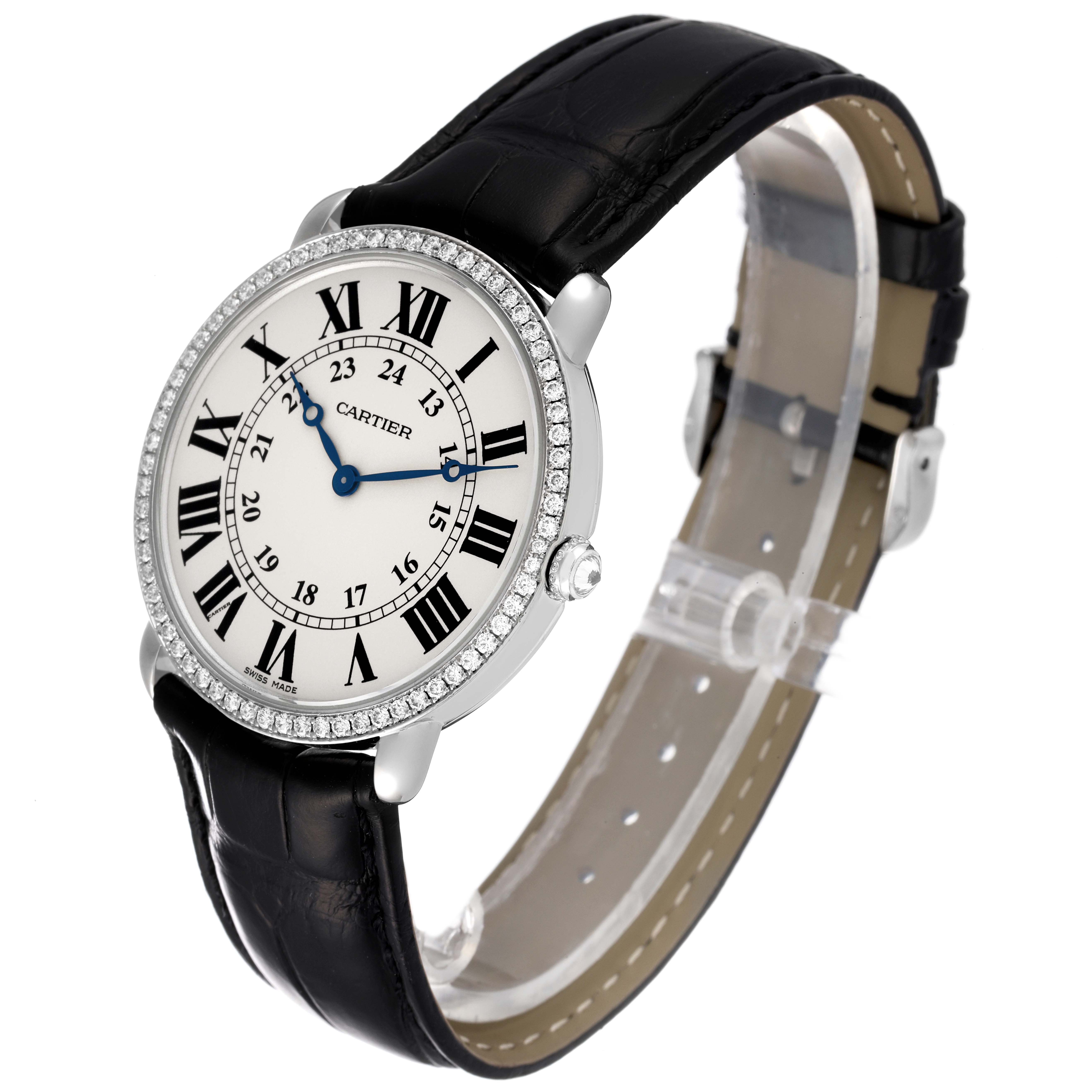 The image shows the Cartier Ronde watch at a three-quarter angle highlighting the face, bezel, and leather strap.