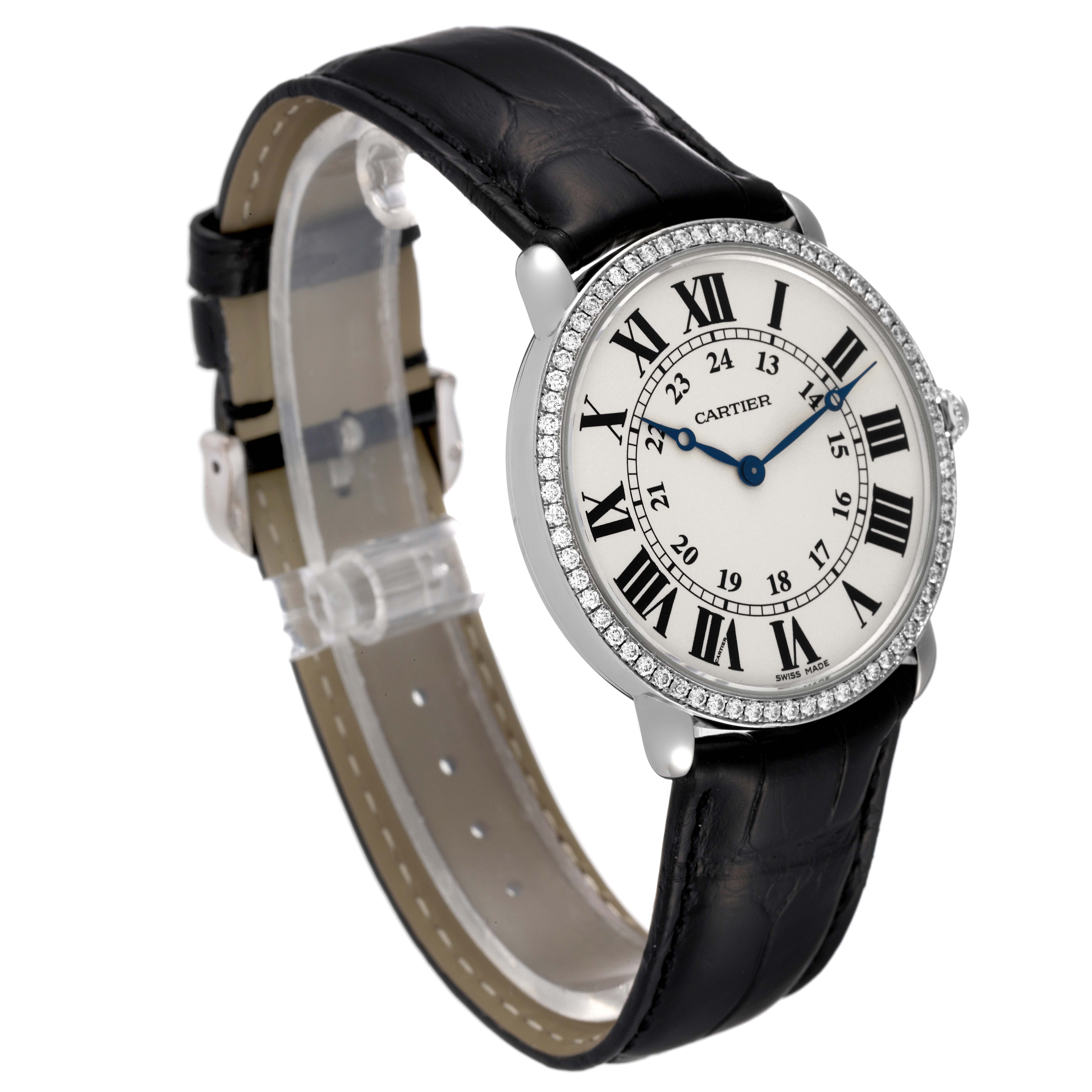 This is a Cartier Ronde watch shown at a three-quarter angle, displaying the dial, bezel, case, crown, and strap.