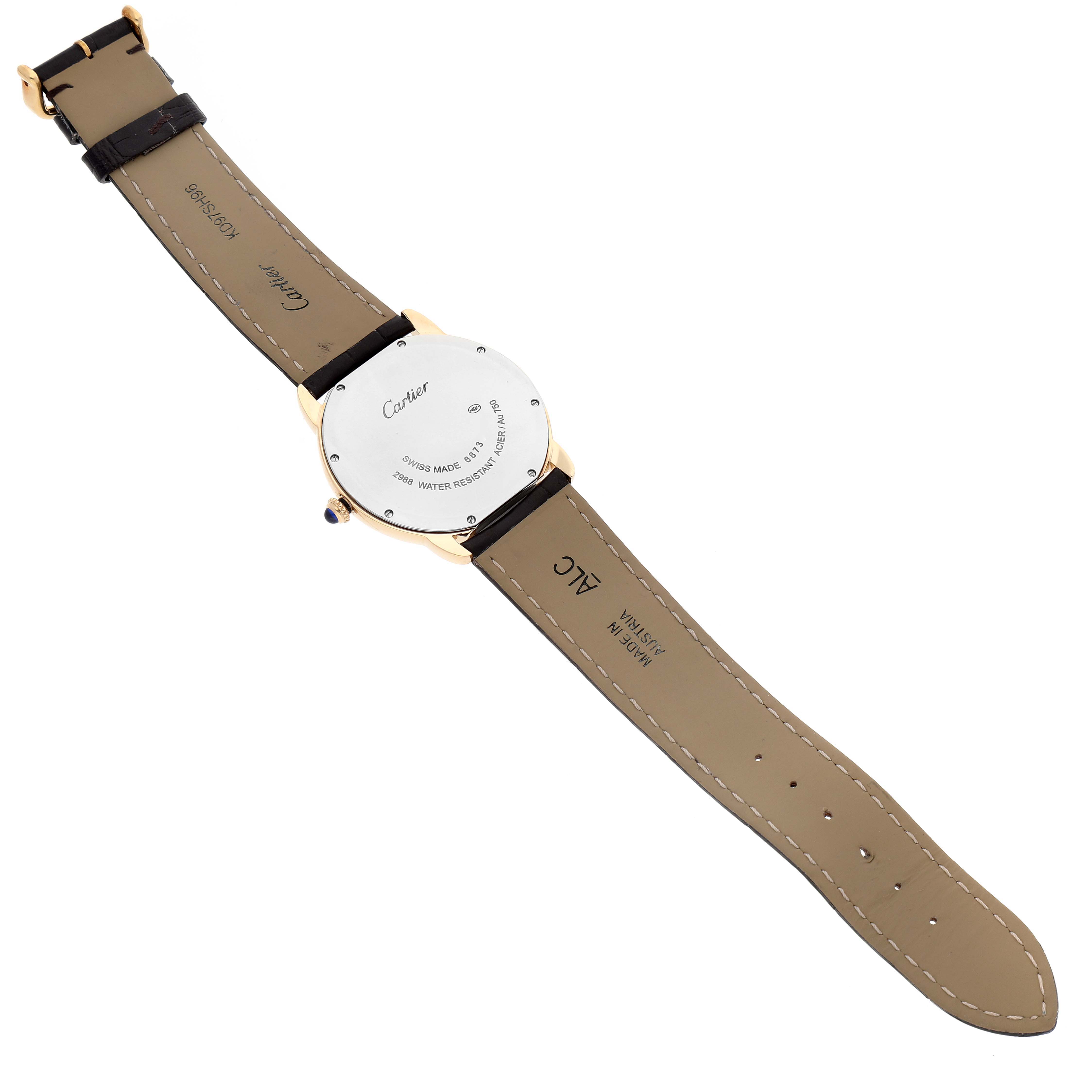 The image shows the back and strap of a Cartier Ronde W6700455 Men's Yellow Gold Silver Dial W6700455 Men's Yellow Gold Silver Dial watch laid flat, highlighting the case back details and leather strap.