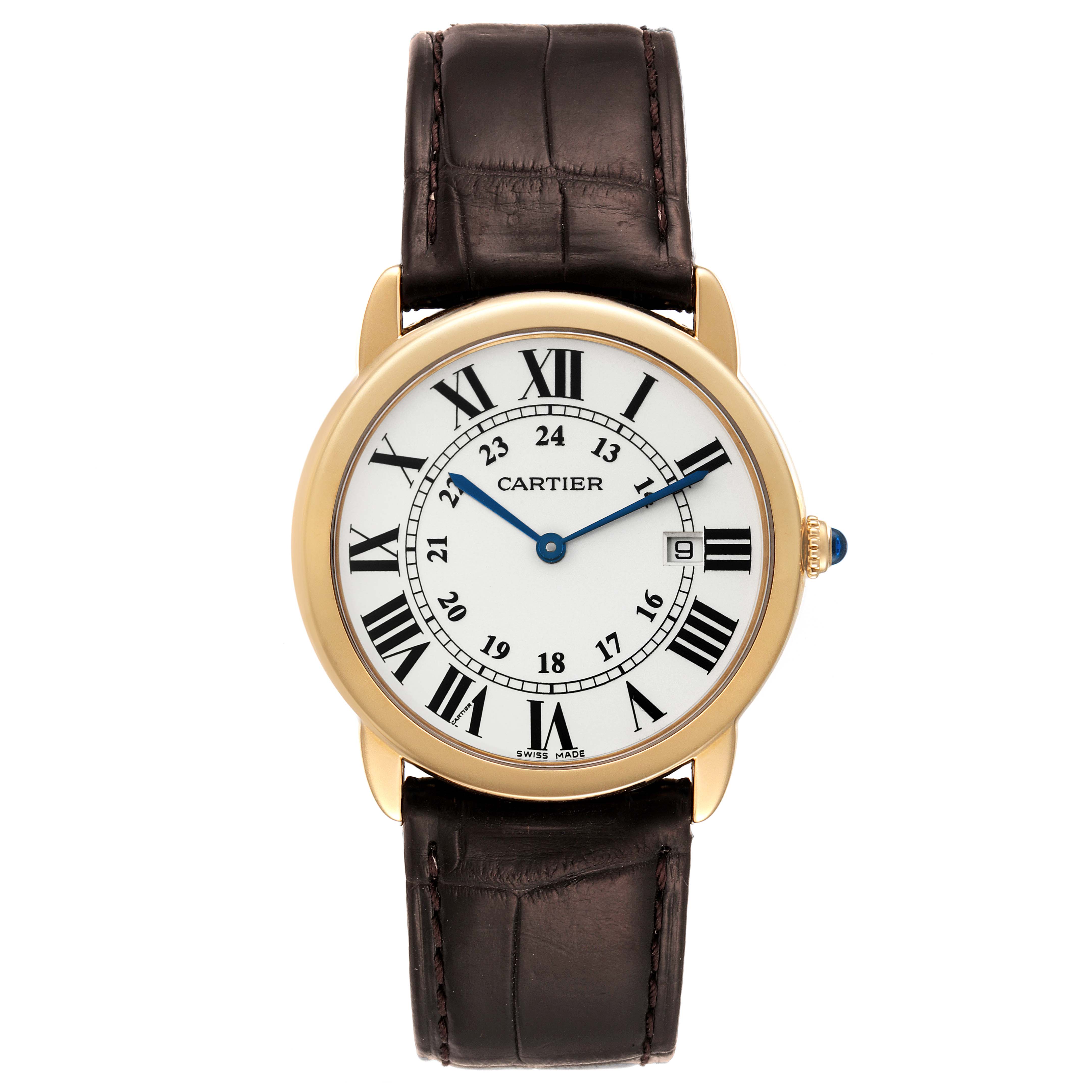 This image shows a front view of a Cartier Ronde W6700455 Men's Yellow Gold Silver Dial W6700455 Men's Yellow Gold Silver Dial watch with a leather strap.