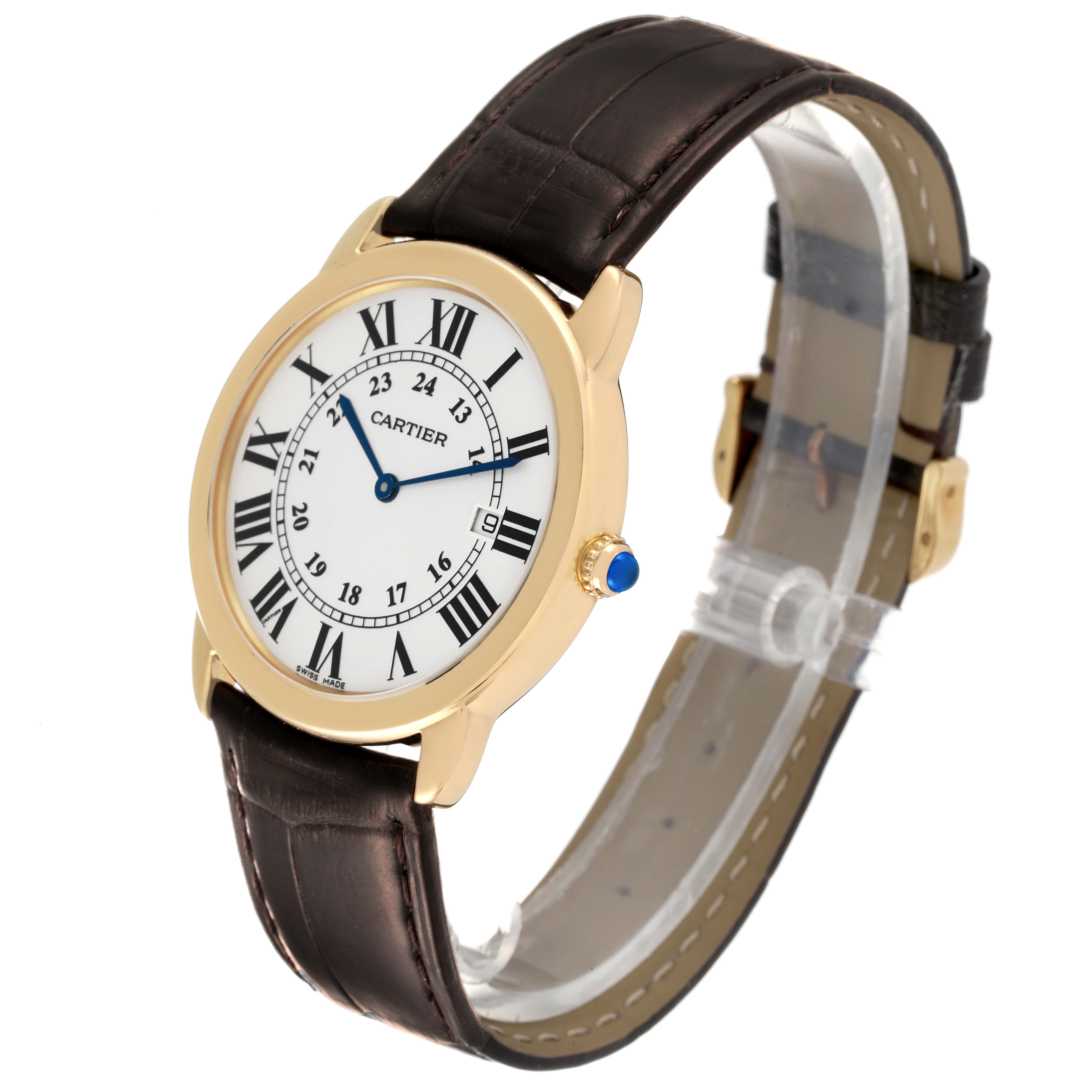 The Cartier Ronde W6700455 Men's Yellow Gold Silver Dial W6700455 Men's Yellow Gold Silver Dial watch is shown at a three-quarter angle, displaying the face, crown, and leather strap.