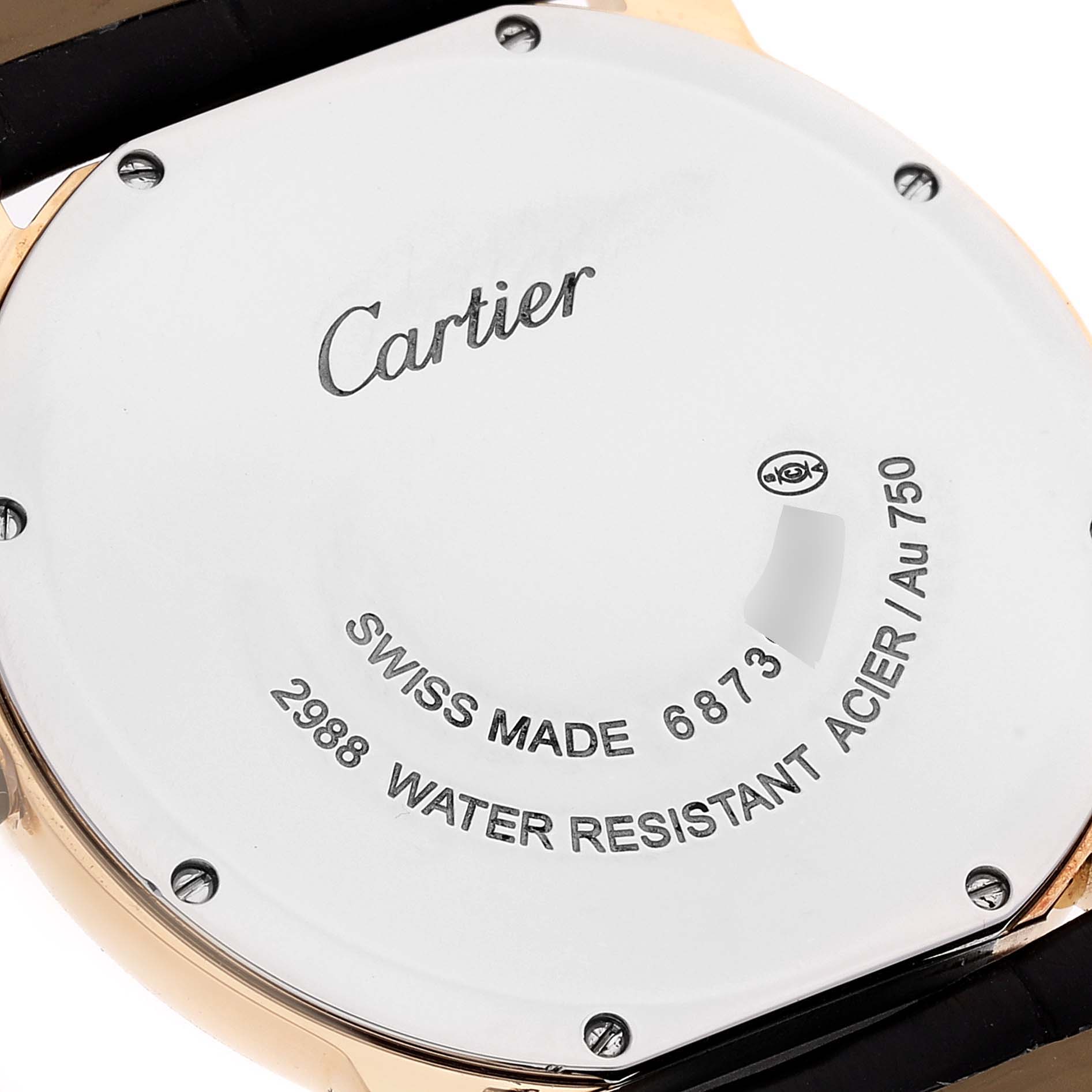 The image shows the back case of a Cartier Ronde W6700455 Men's Yellow Gold Silver Dial W6700455 Men's Yellow Gold Silver Dial watch, including its branding and water resistance details.