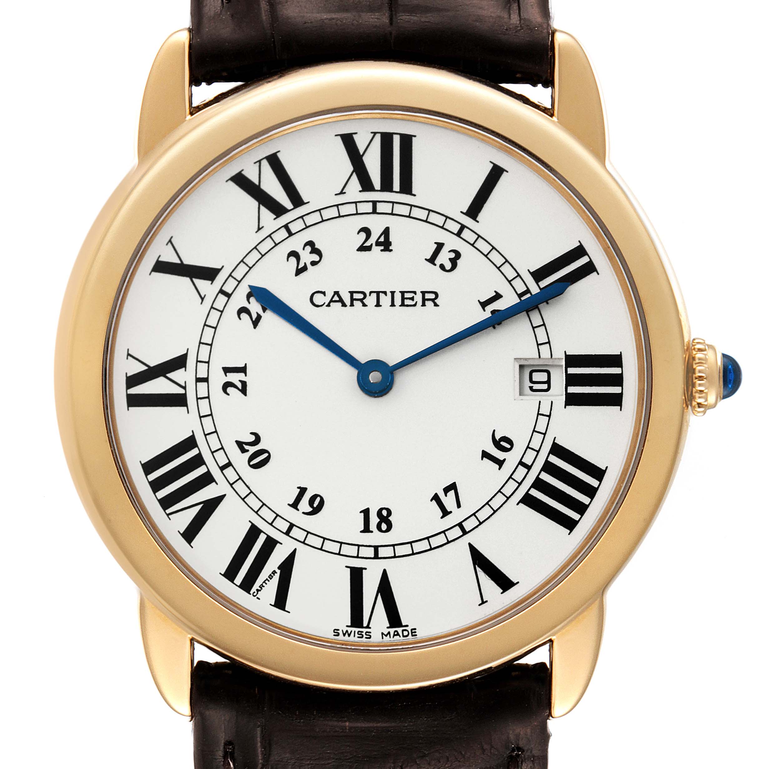 The image shows a Cartier Ronde W6700455 Men's Yellow Gold Silver Dial W6700455 Men's Yellow Gold Silver Dial model watch from a front angle, highlighting its dial, hands, case, crown, and leather strap.