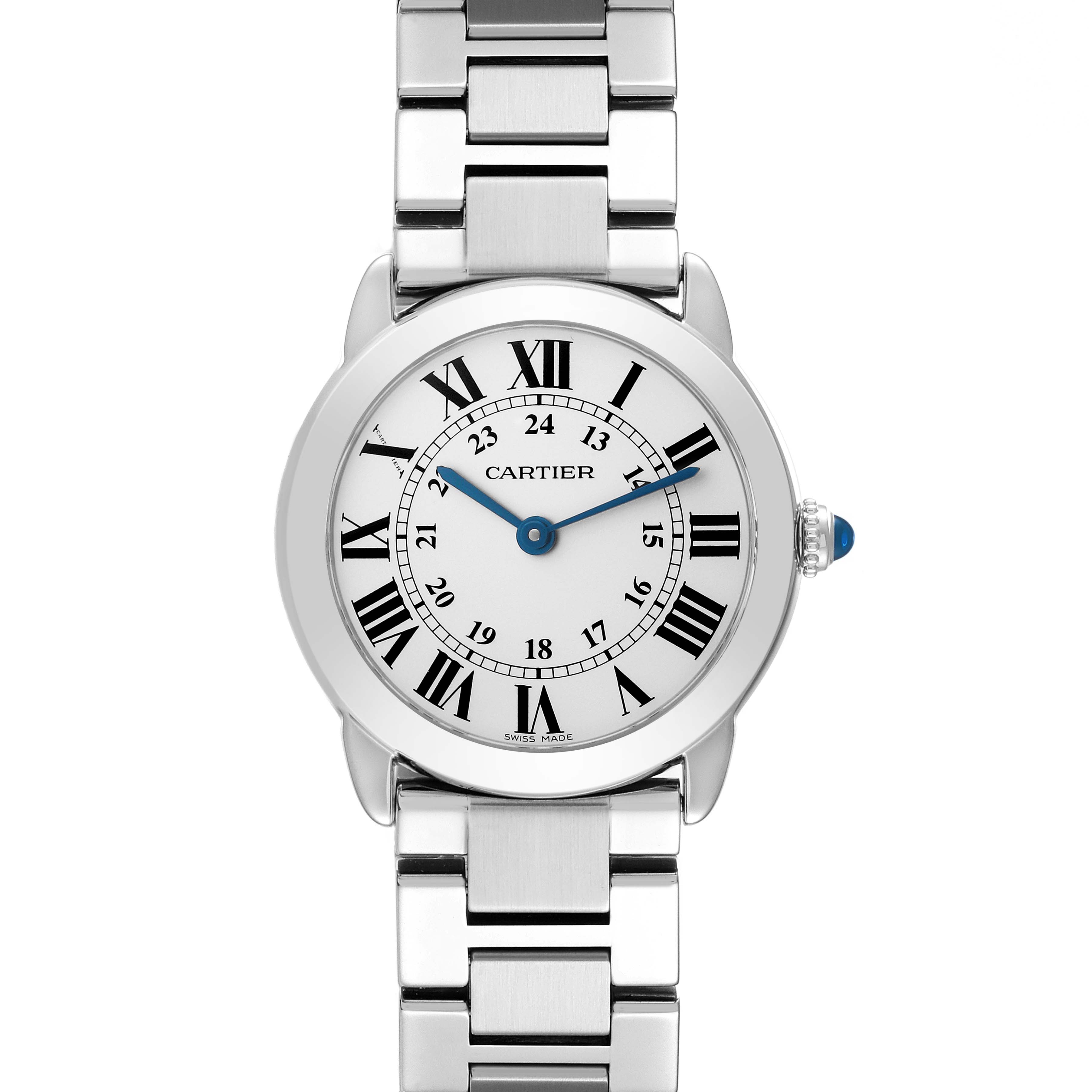 The Cartier Ronde W6701004 Women's Stainless Steel Silver Dial W6701004 Women's Stainless Steel Silver Dial watch is shown from the front, displaying its round face, Roman numerals, and silver metal bracelet.