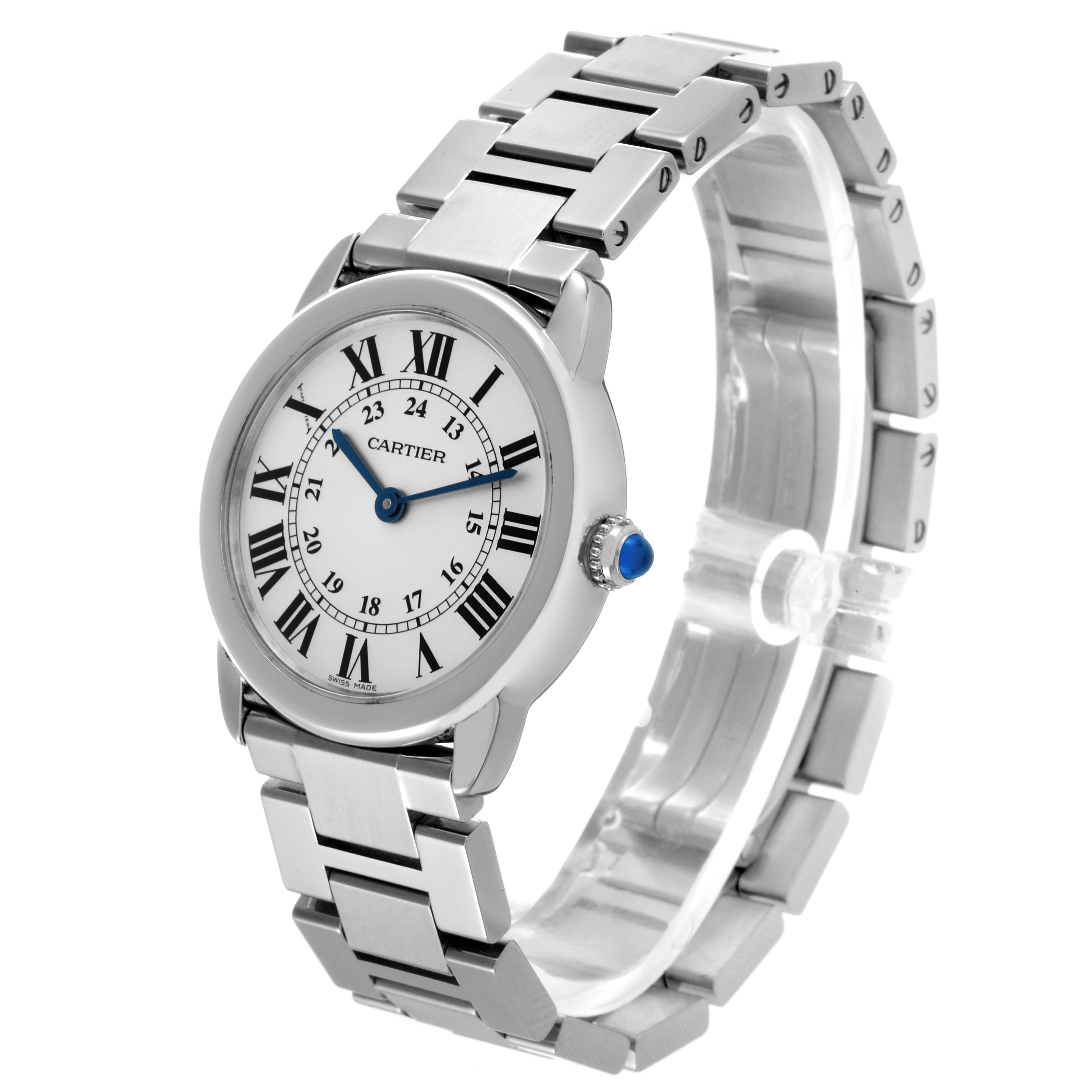 The Cartier Ronde W6701004 Women's Stainless Steel Silver Dial W6701004 Women's Stainless Steel Silver Dial watch is shown at an angled side view, displaying its dial, bezel, crown, and bracelet.