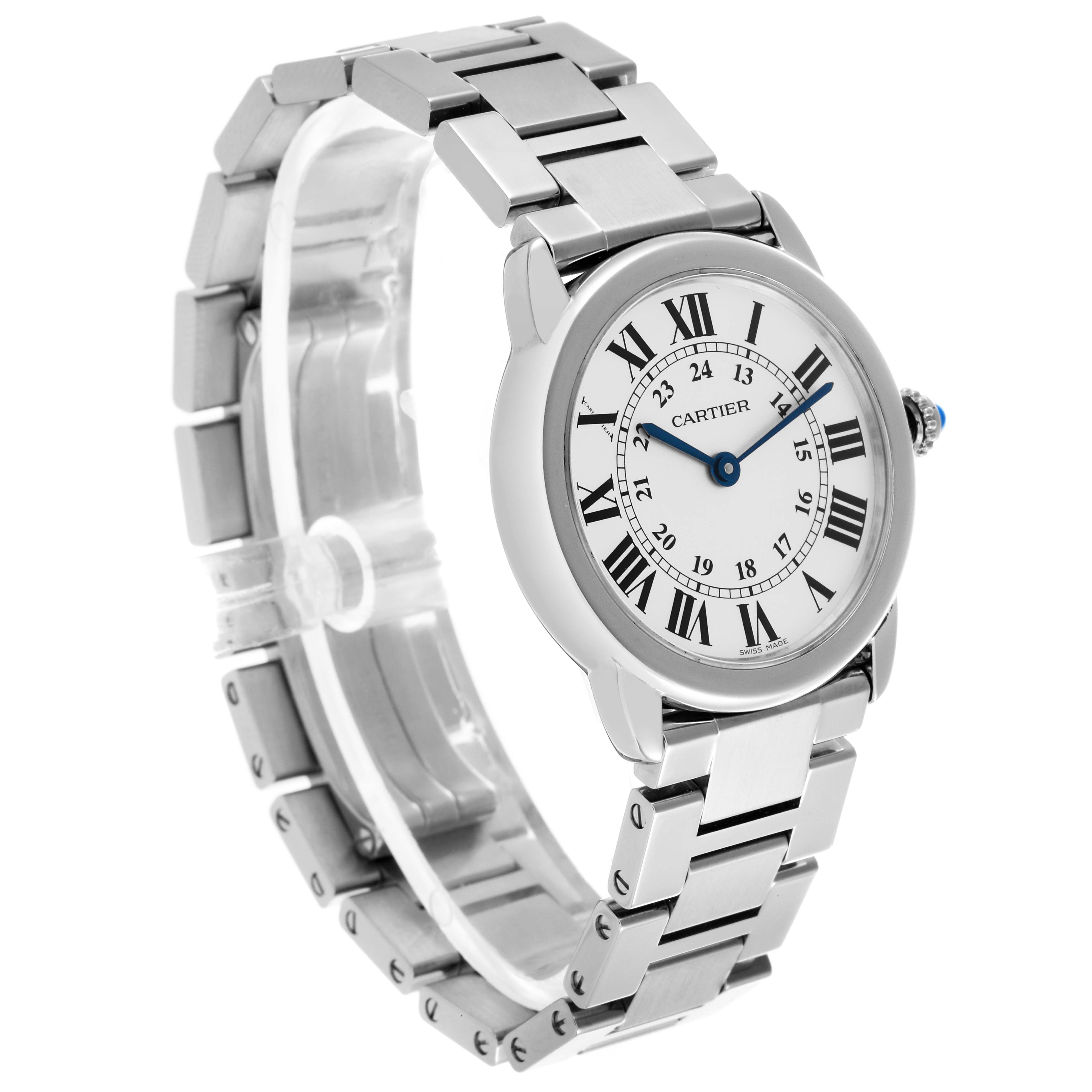 The Cartier Ronde W6701004 Women's Stainless Steel Silver Dial W6701004 Women's Stainless Steel Silver Dial watch is shown at a three-quarter angle, displaying the face, bracelet, and side crown.