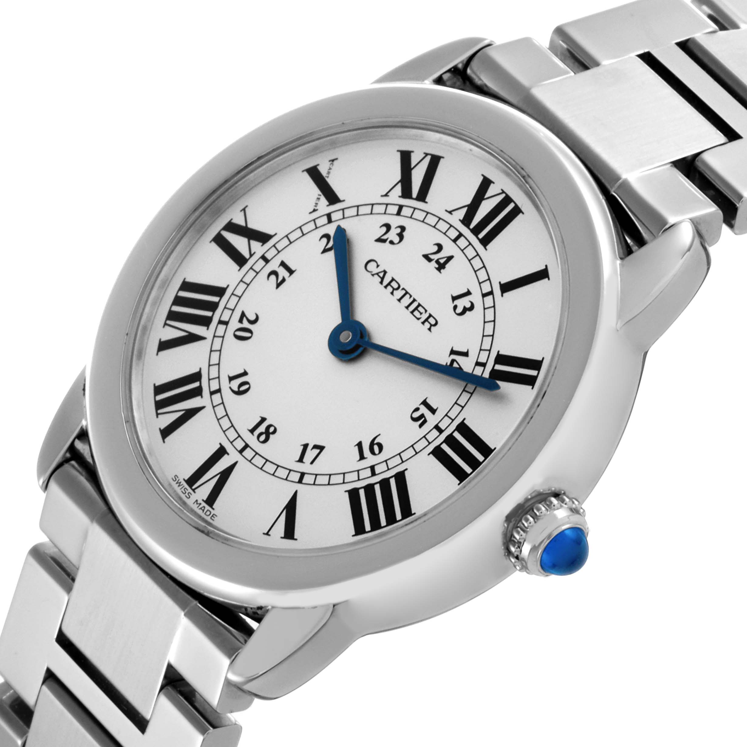 The Cartier Ronde W6701004 Women's Stainless Steel Silver Dial W6701004 Women's Stainless Steel Silver Dial watch is shown at an angled view displaying the face, bezel, crown with blue cabochon, and part of the bracelet.