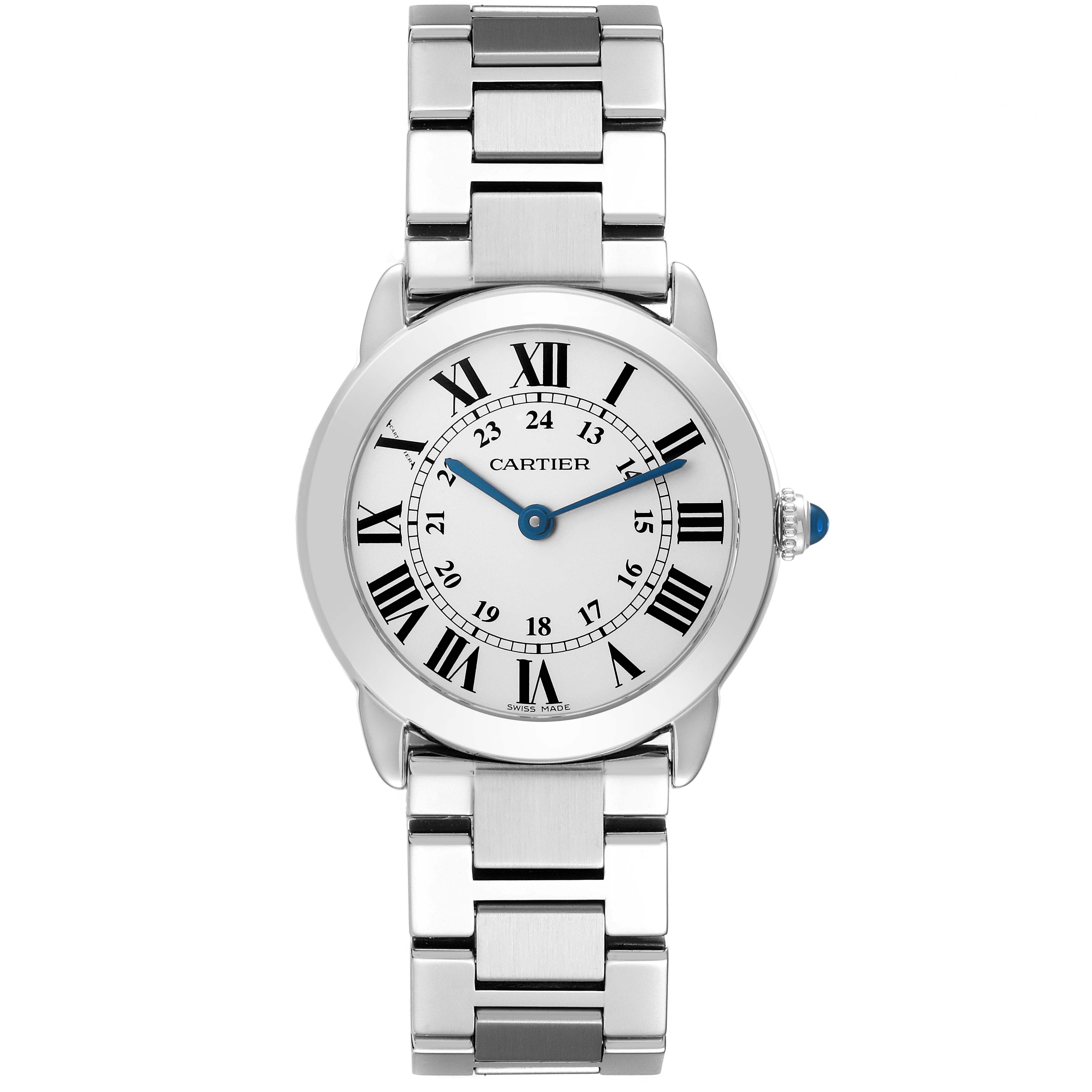 The Cartier Ronde W6701004 Women's Stainless Steel Silver Dial W6701004 Women's Stainless Steel Silver Dial watch is shown from the front, displaying its face, Roman numerals, and metal bracelet.